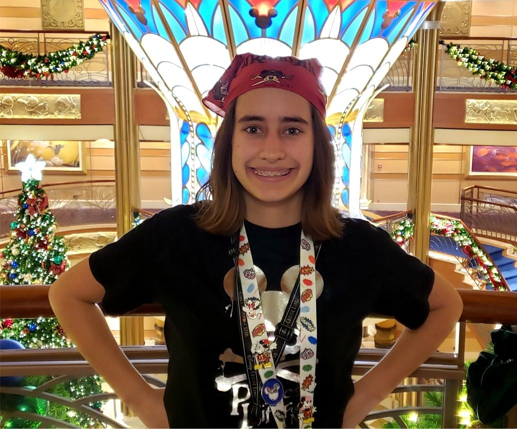 Lisa by the atrium tree, Pirate Night winding down