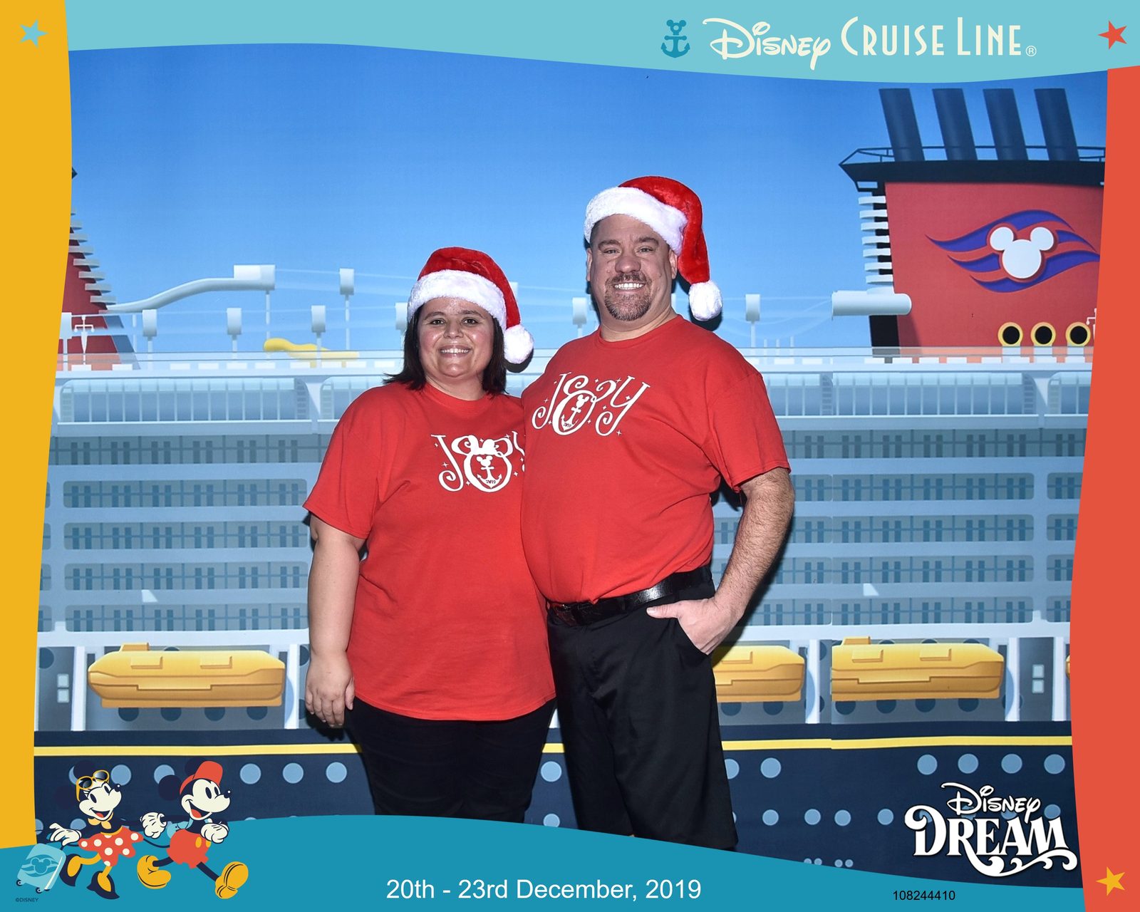 Kathy and me in our Santa hats, embarkation day