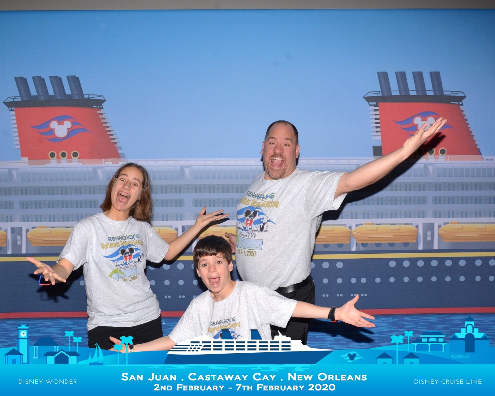 The whole family goofing around at embarkation