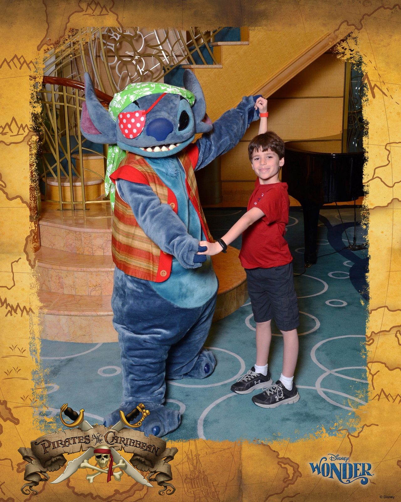 Stitch in pirate garb & Thomas on Pirate Night in the Lobby Atrium