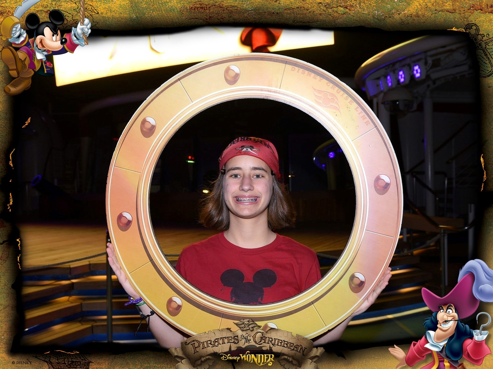 Lisa framed in a golden porthole for Pirate Night