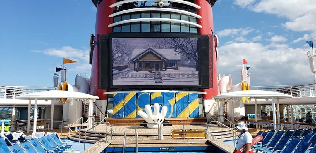 The pool deck and Funnel Vision on the Disney Wonder