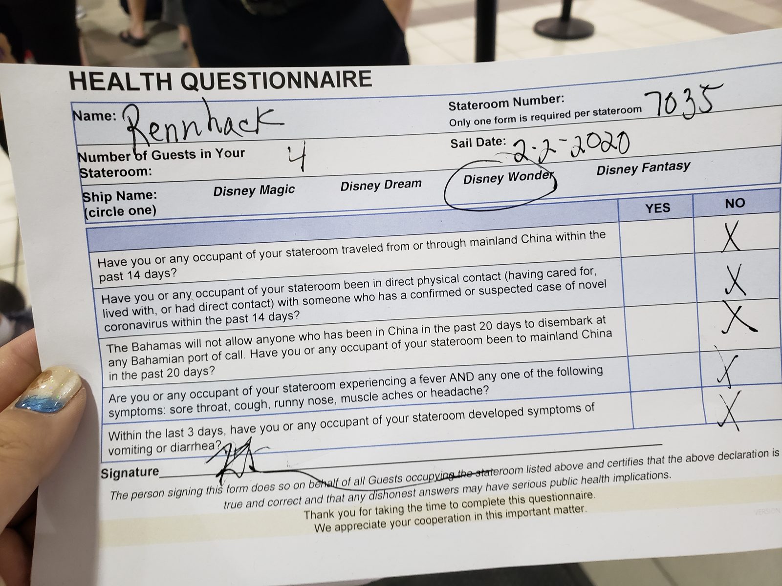 Our boarding health questionnaire for stateroom 7035