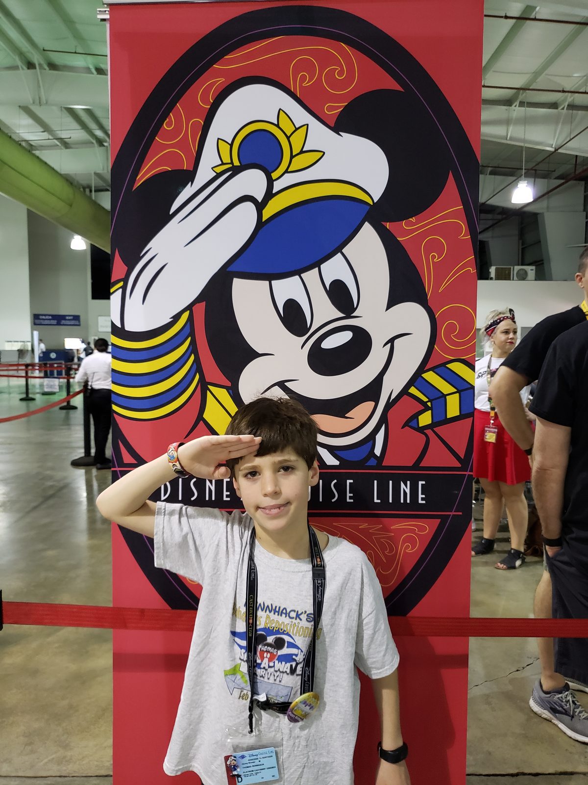 Thomas salutes a Captain Mickey cutout
