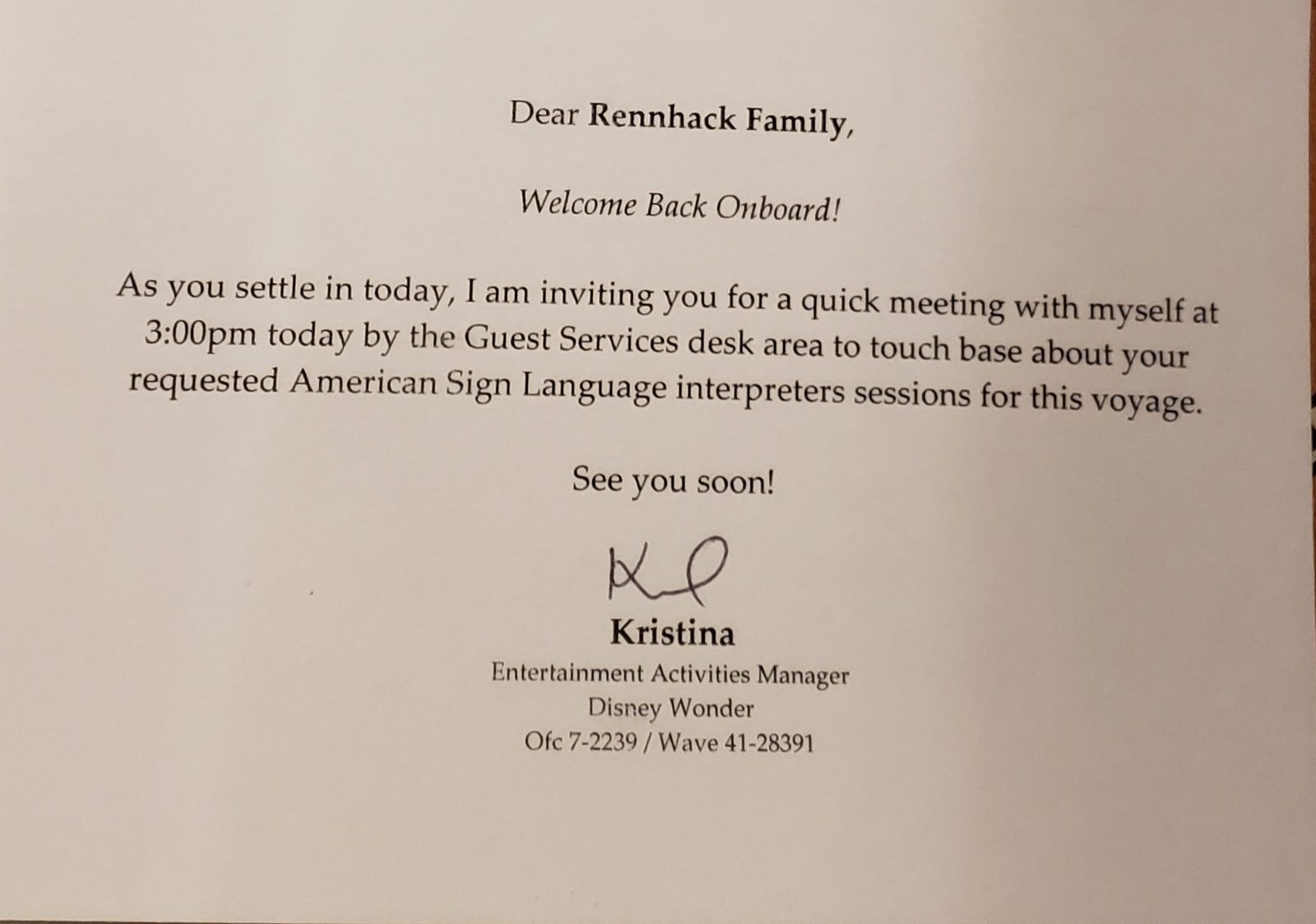 Kristina's note about our ASL interpreter meeting