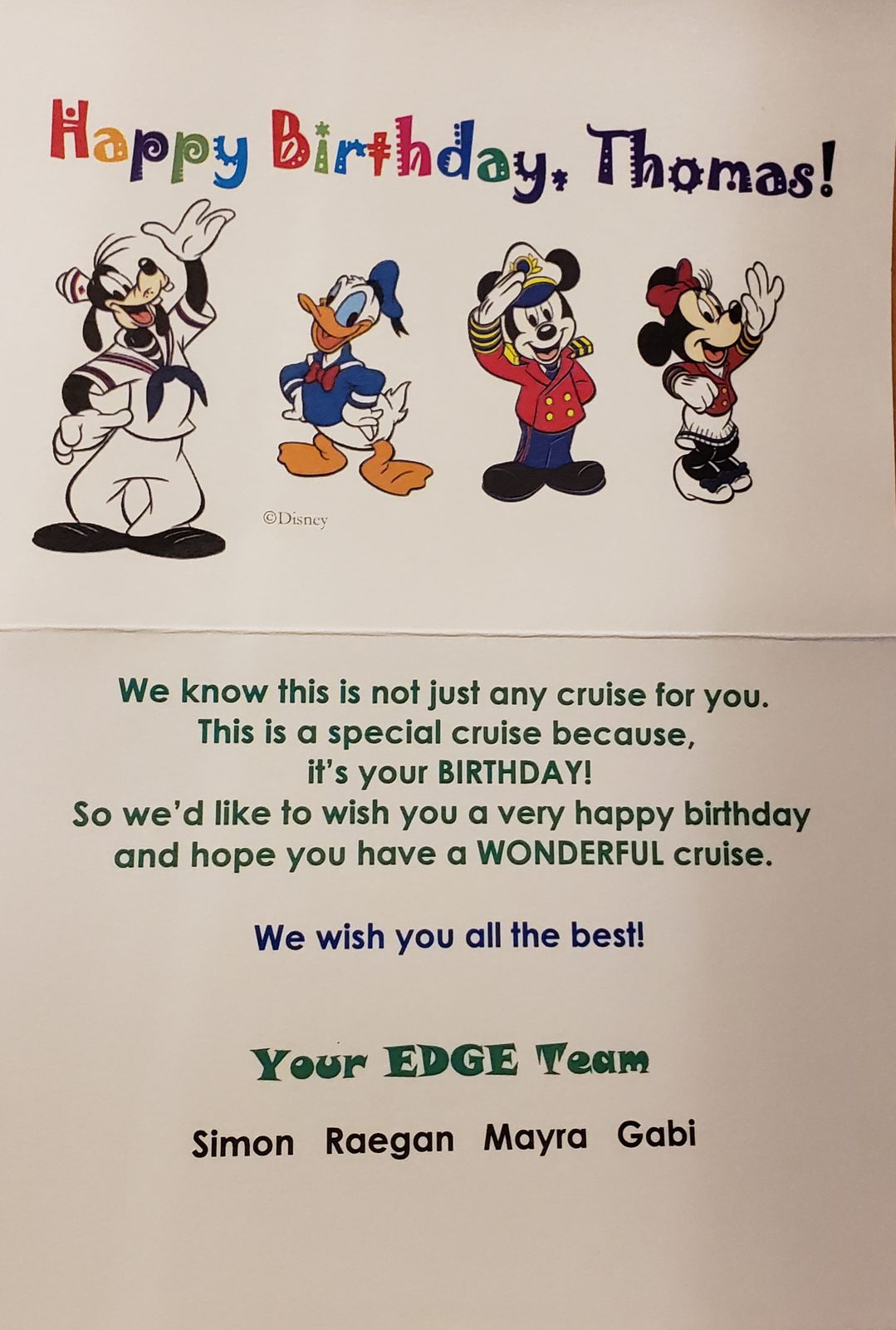 Thomas's birthday card waiting for him from the Cast Members