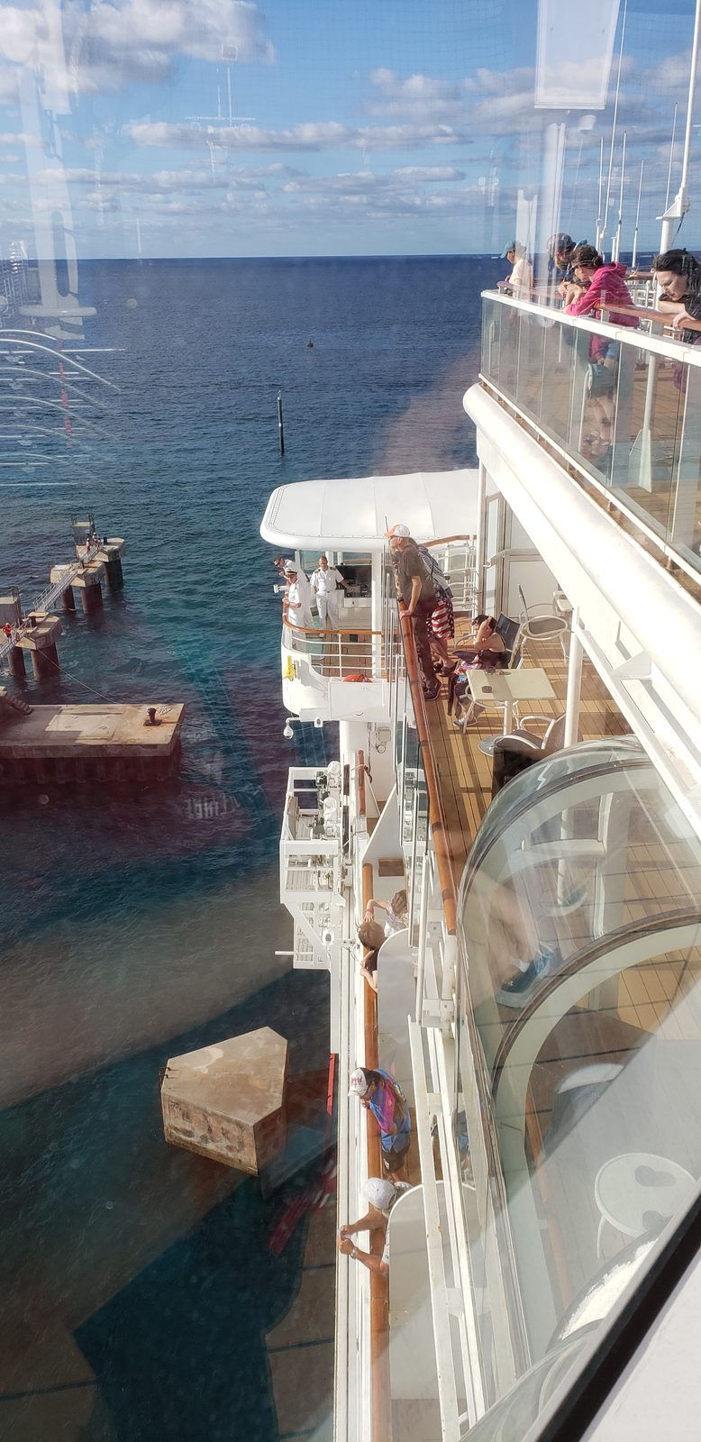 Looking down the side of the Wonder at Castaway Cay