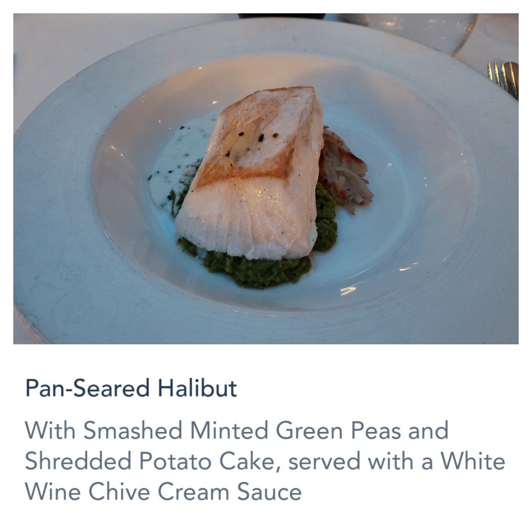 Pan-seared halibut at dinner on the Wonder