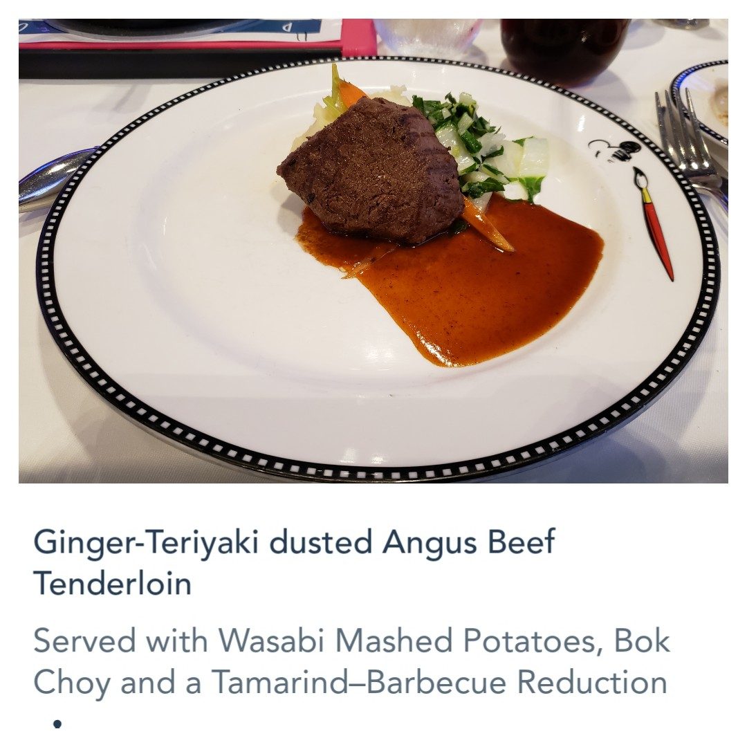 Ginger-teriyaki Angus beef tenderloin at dinner on the Wonder