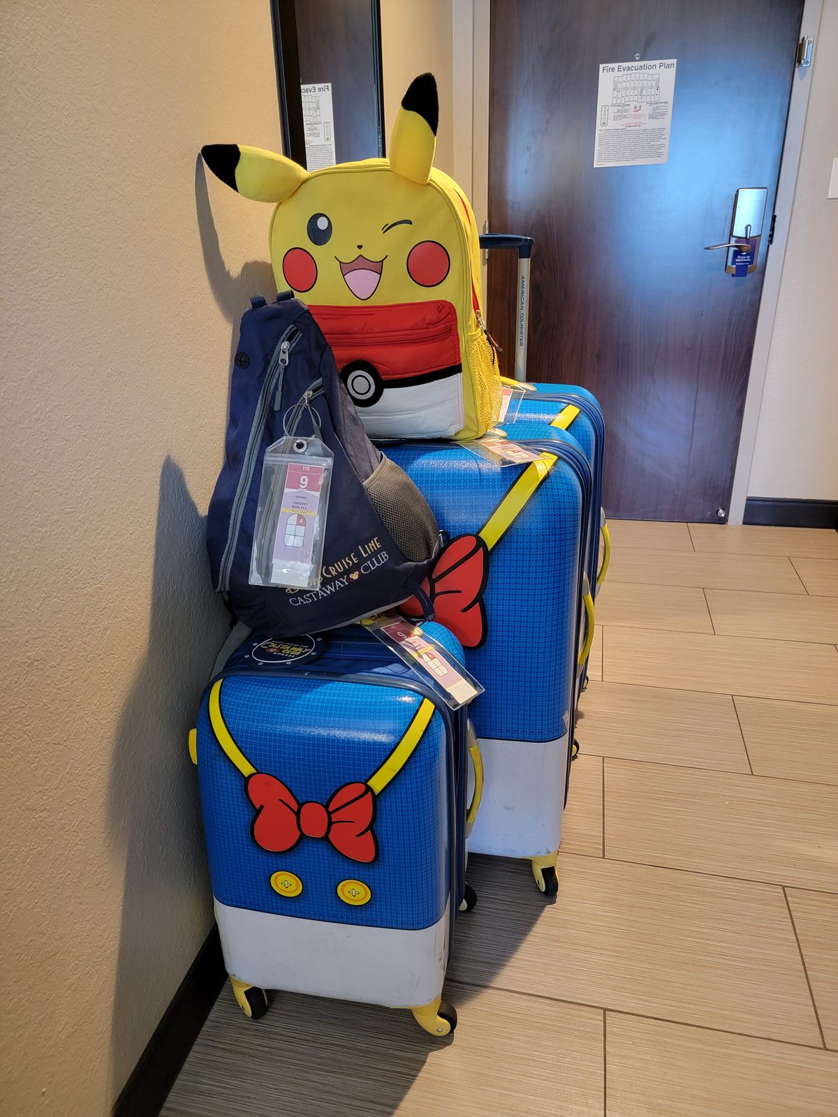 Our Donald luggage and Pikachu backpack in the hall