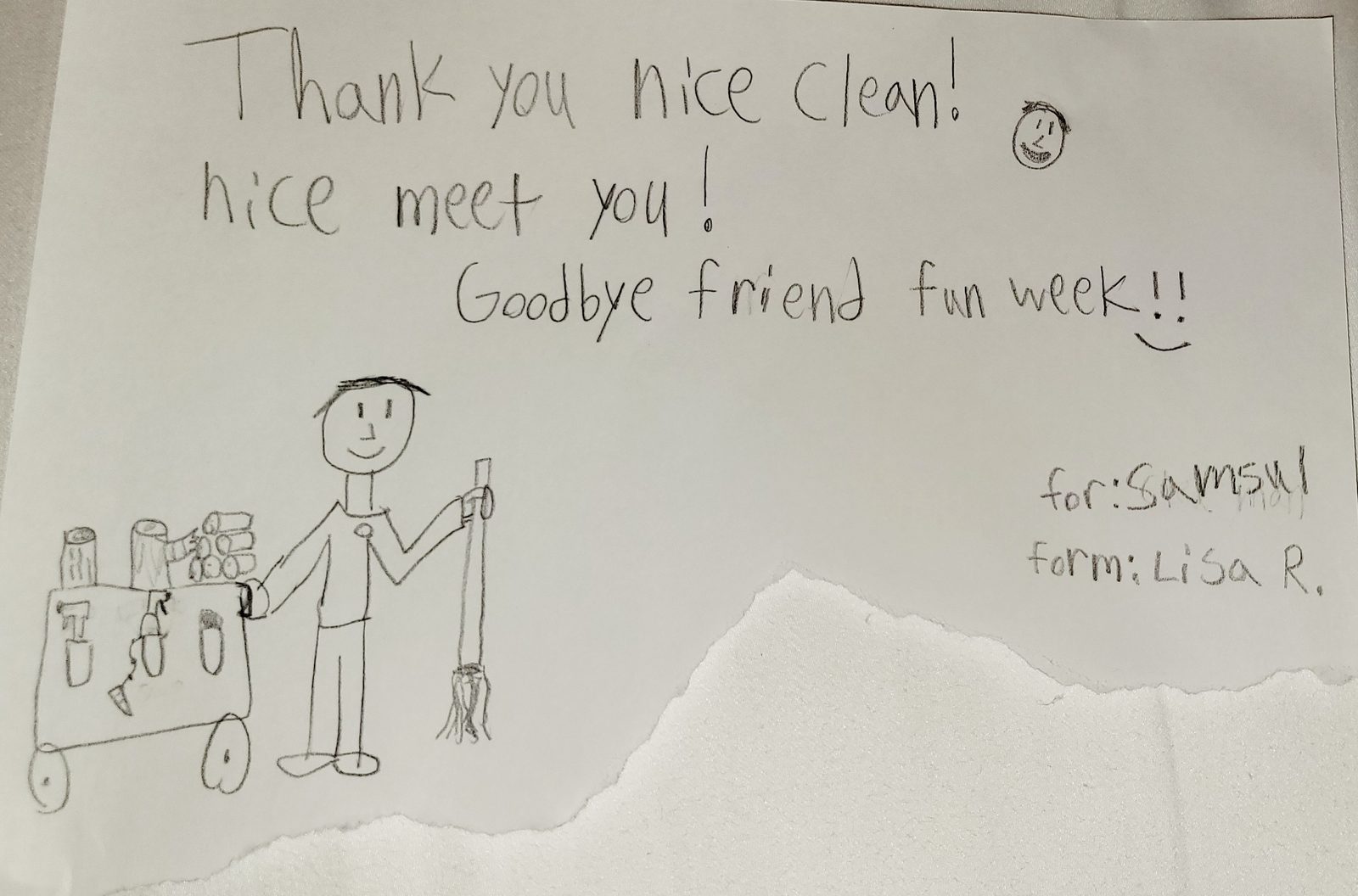 Lisa's thank you note for the room steward