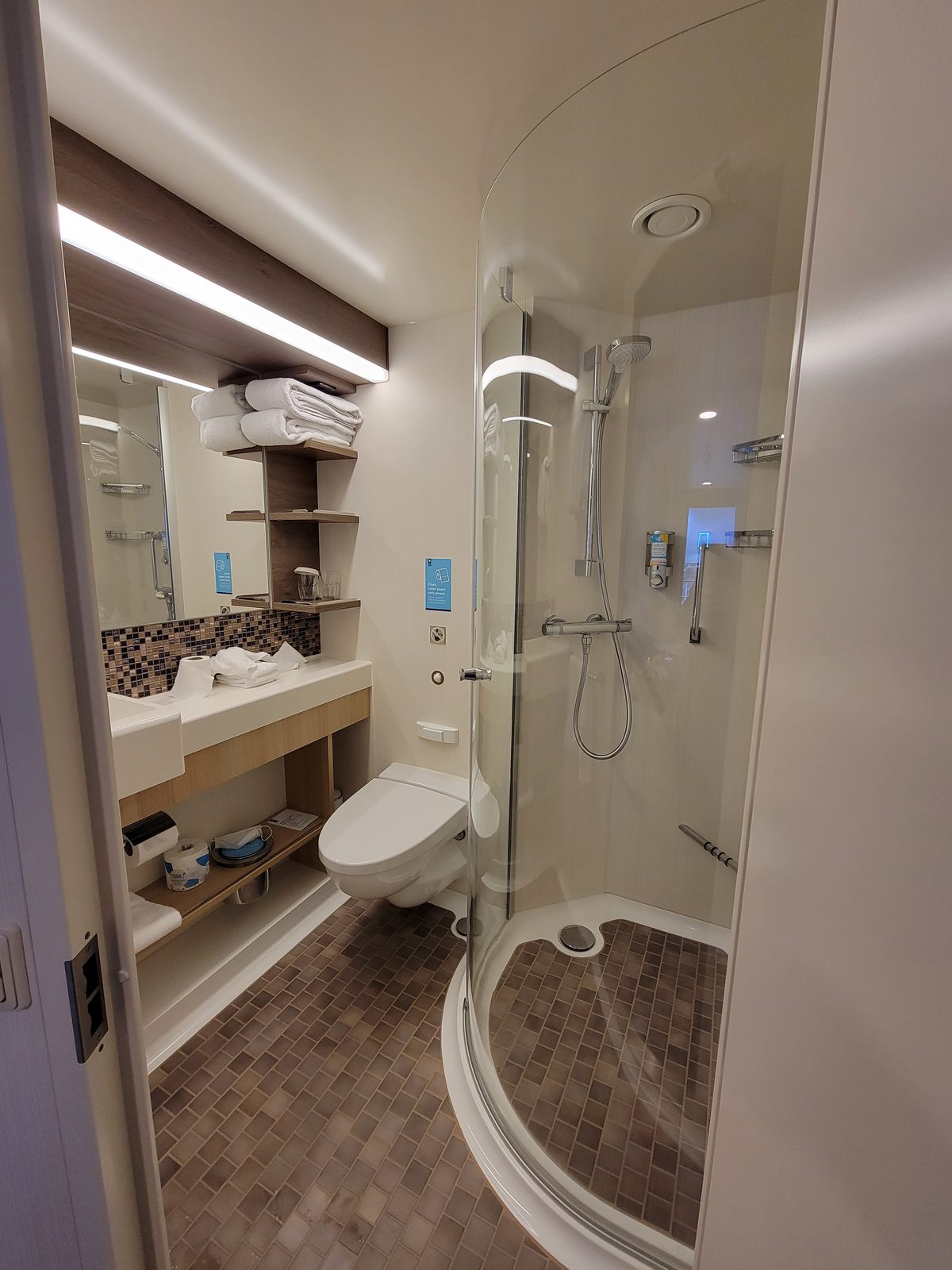 The stateroom bathroom with the glass shower door