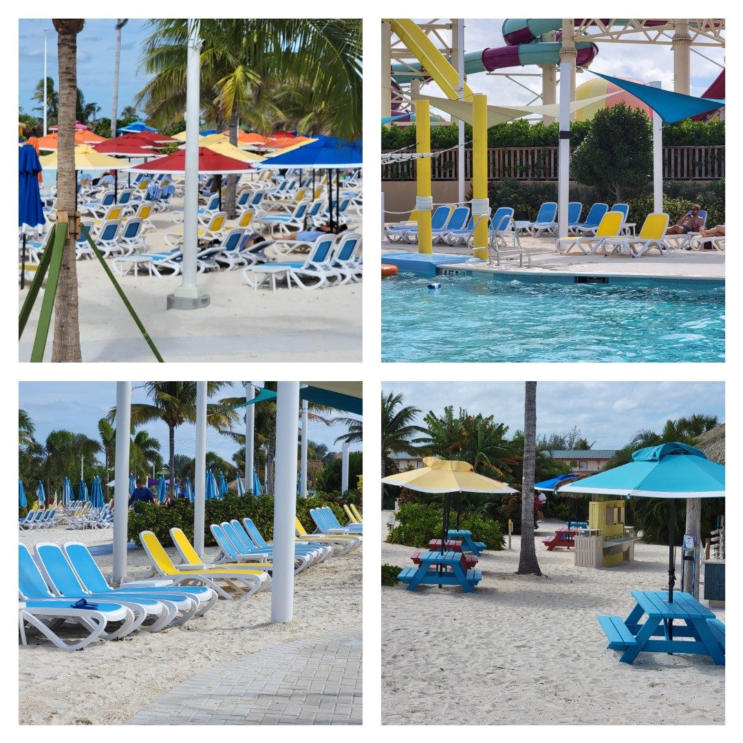 Empty lounge chairs around the pool on CocoCay