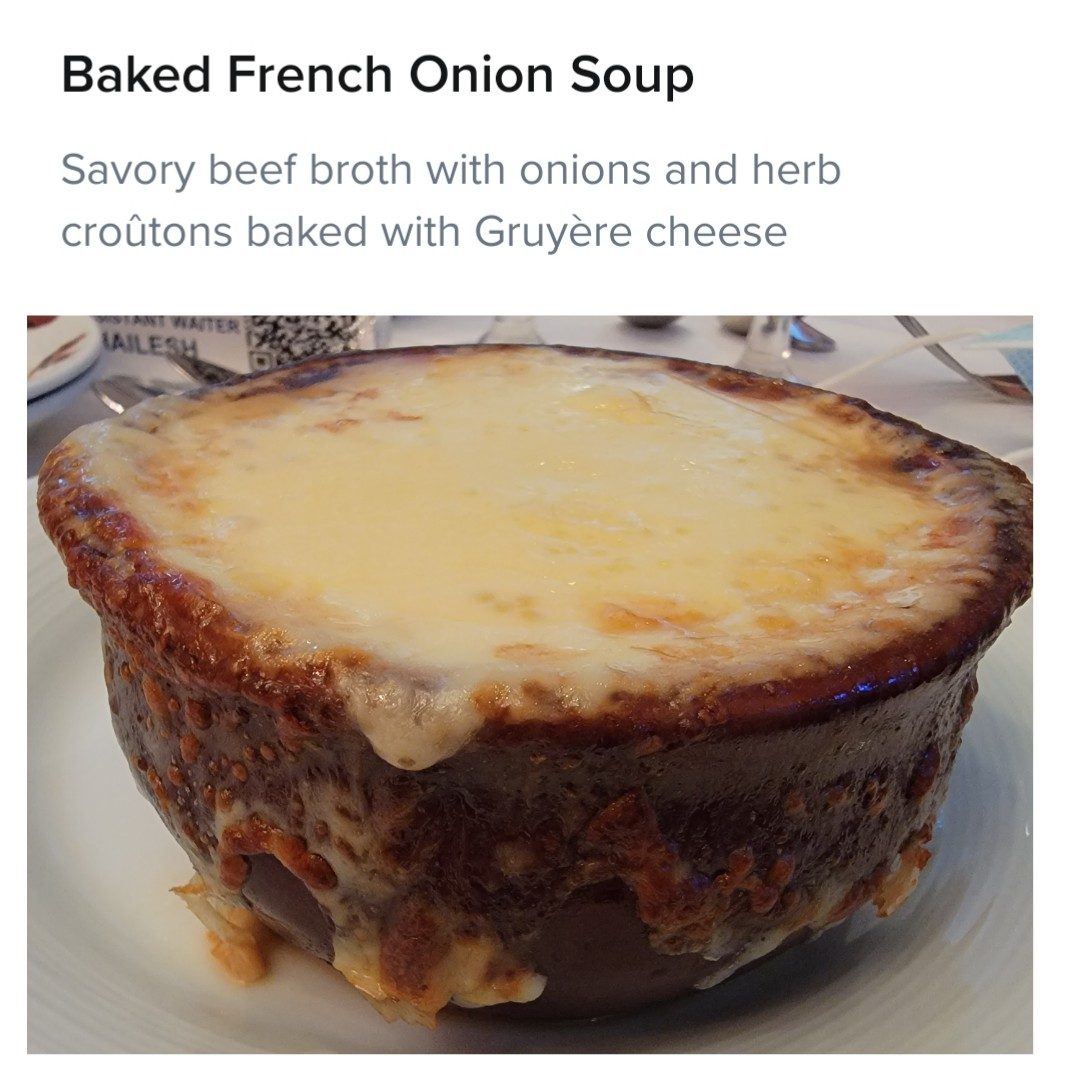 French onion soup at dinner on the Odyssey