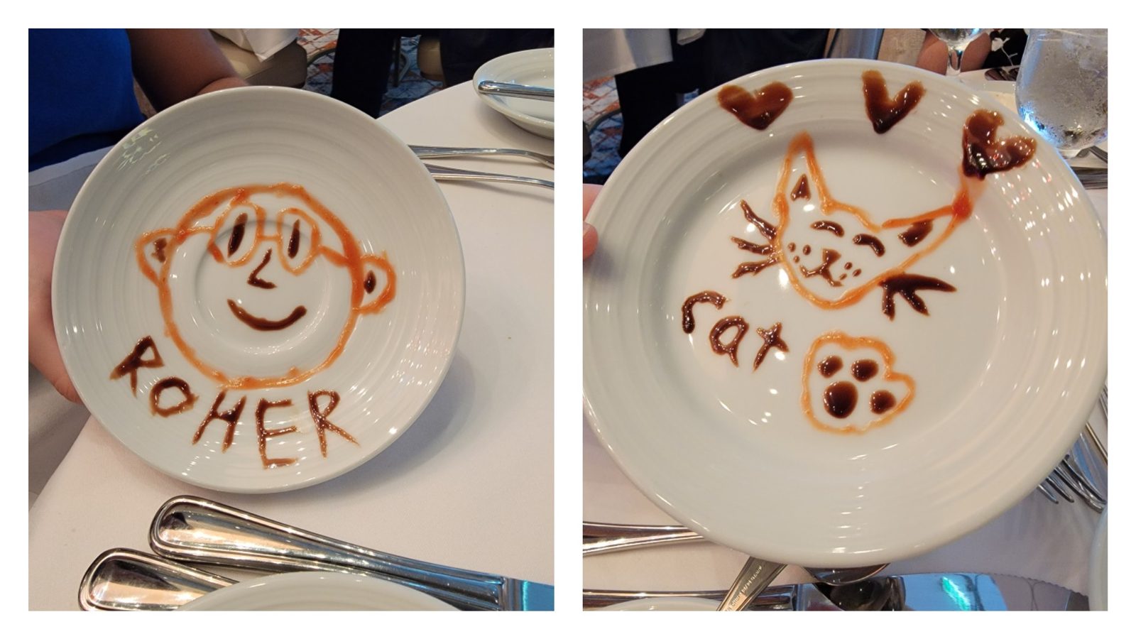 Lisa's sauce art at dinner, Roher's face and a cat