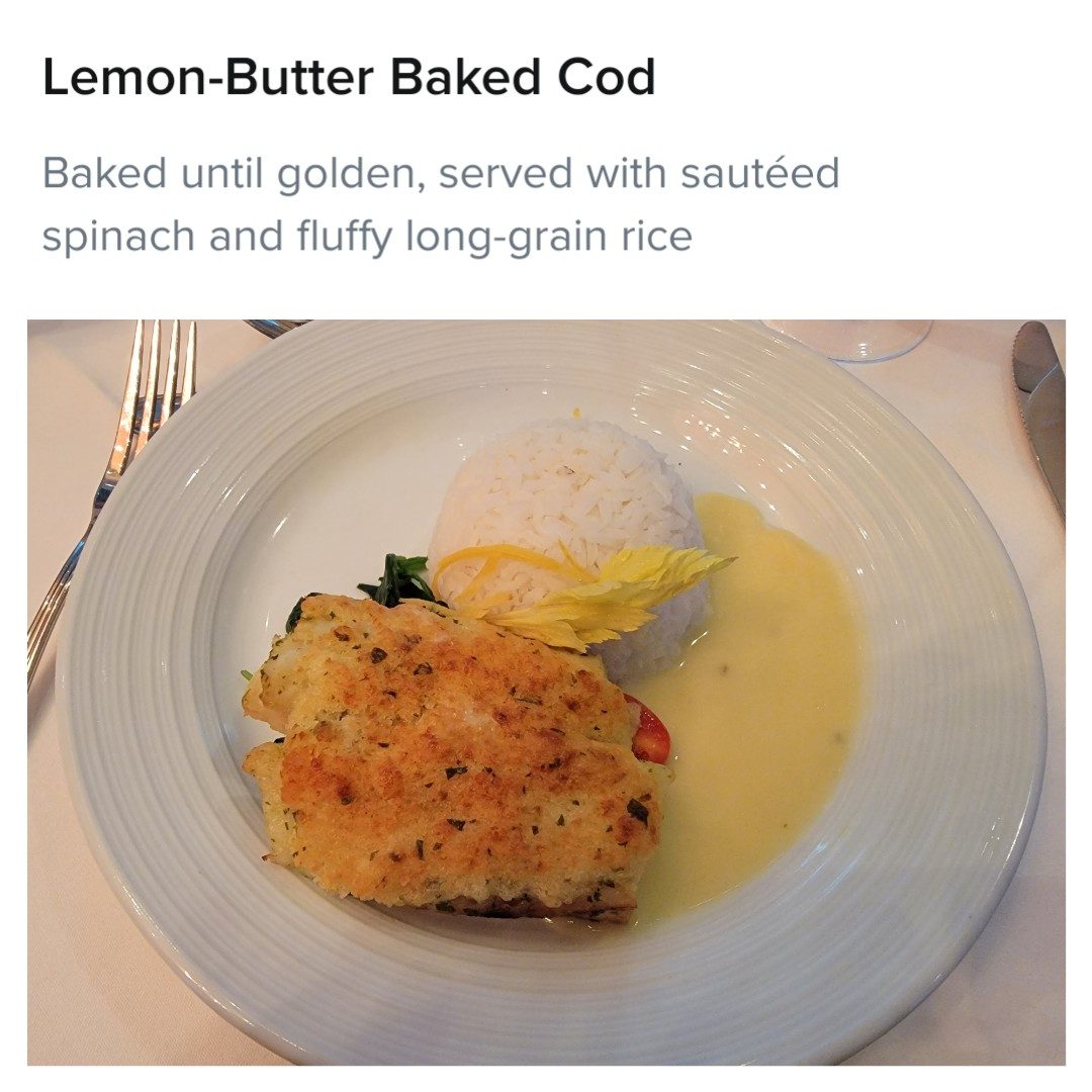 Lemon-butter baked cod on formal night