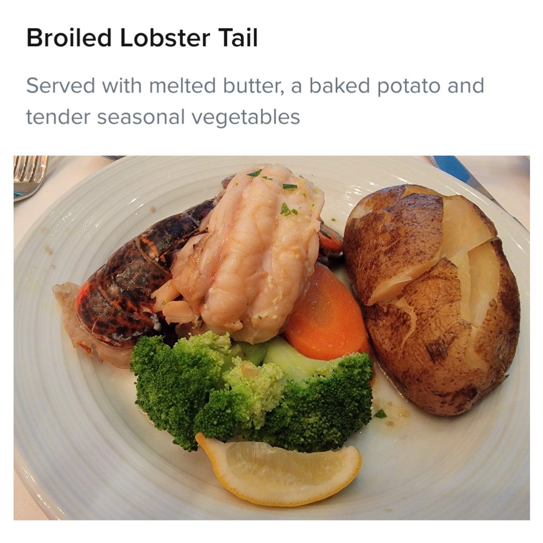 Broiled lobster tail at dinner on the Odyssey