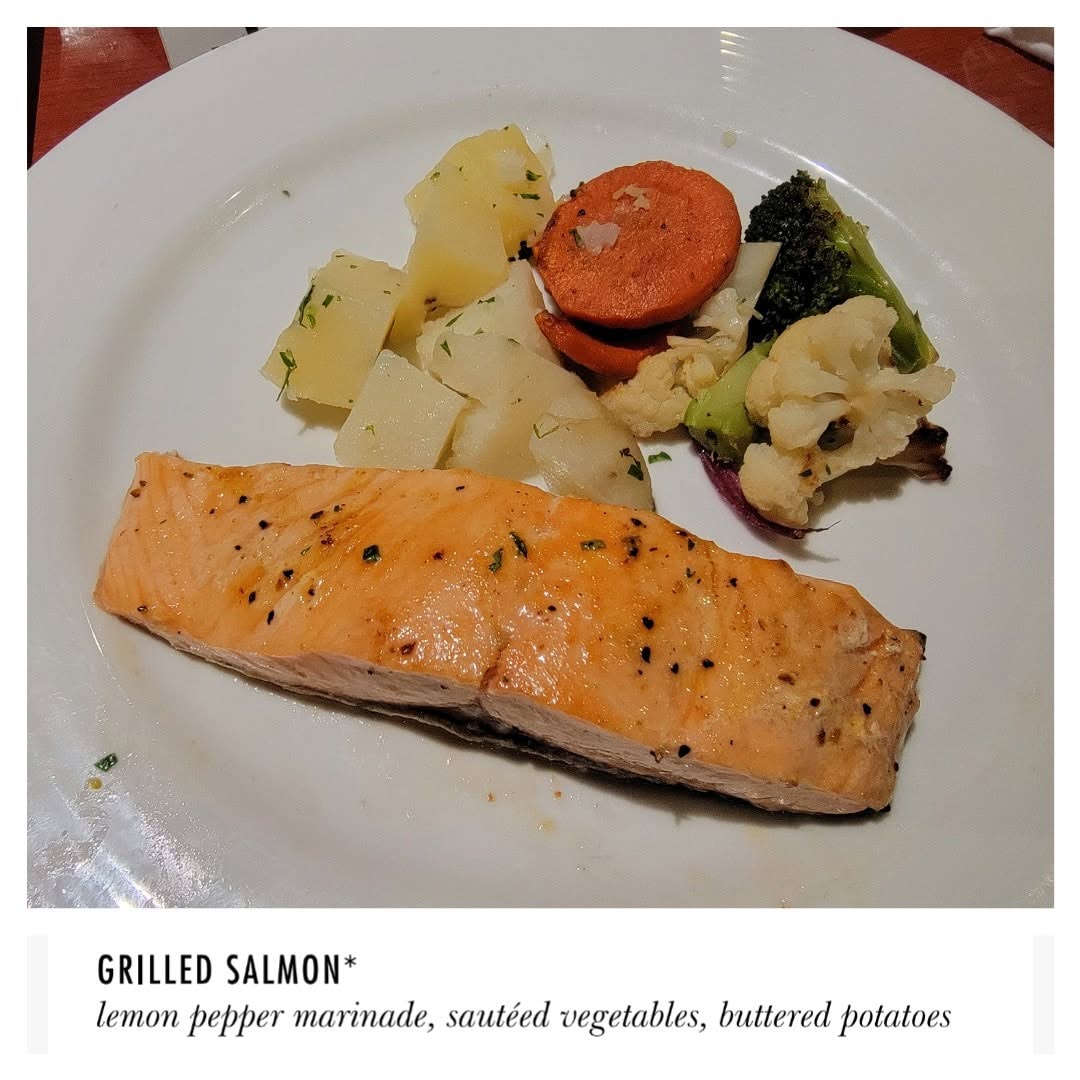 Grilled salmon at dinner on the Conquest