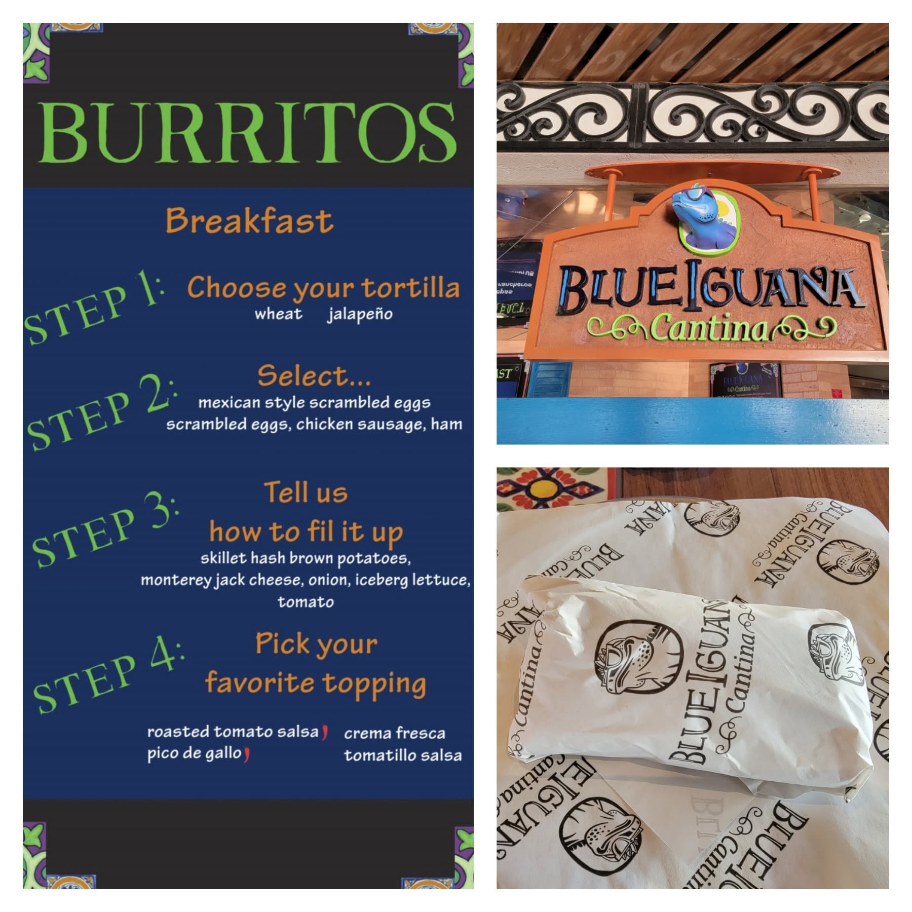 Breakfast burritos at the Blue Iguana Cantina