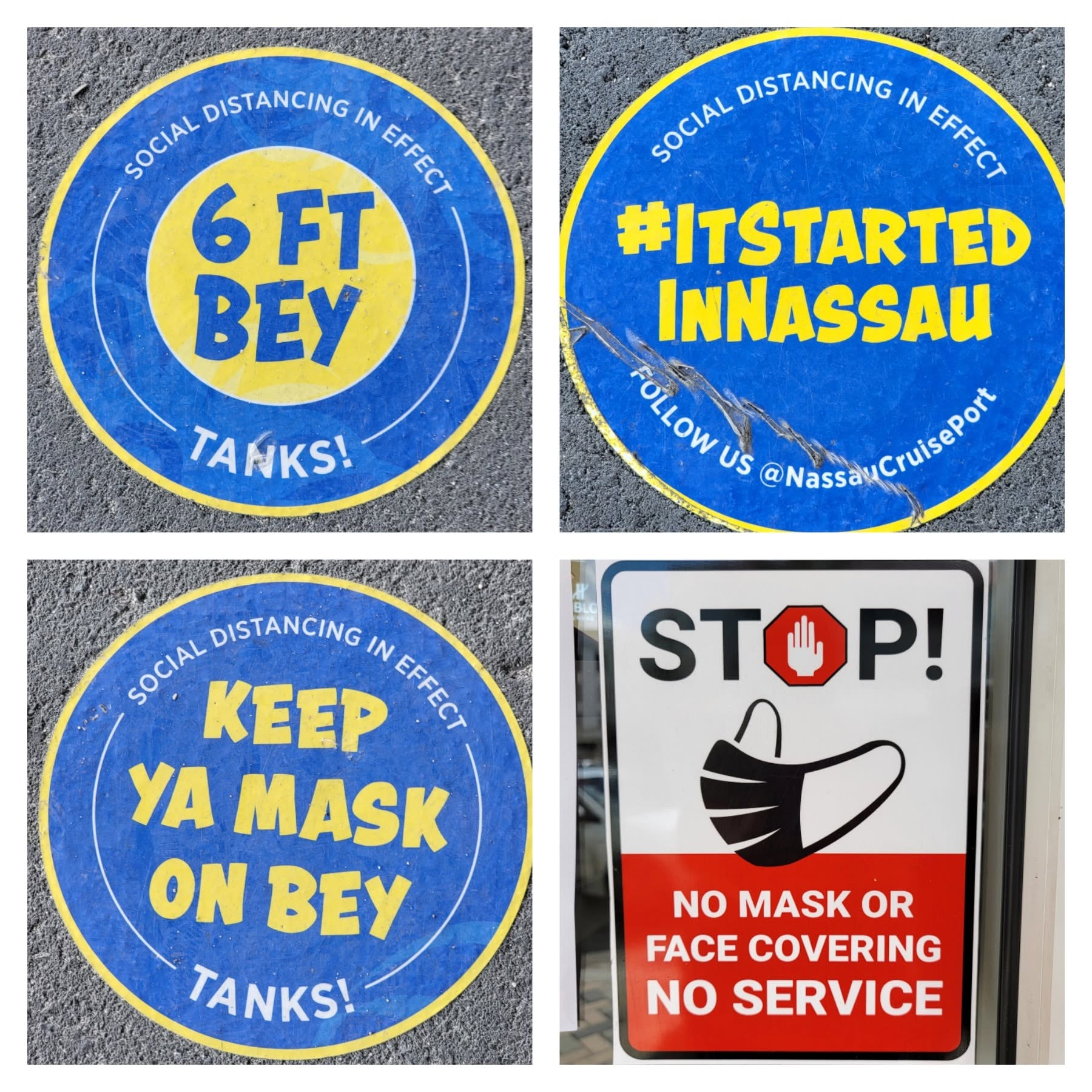 Mask and distancing stickers on the street in Nassau