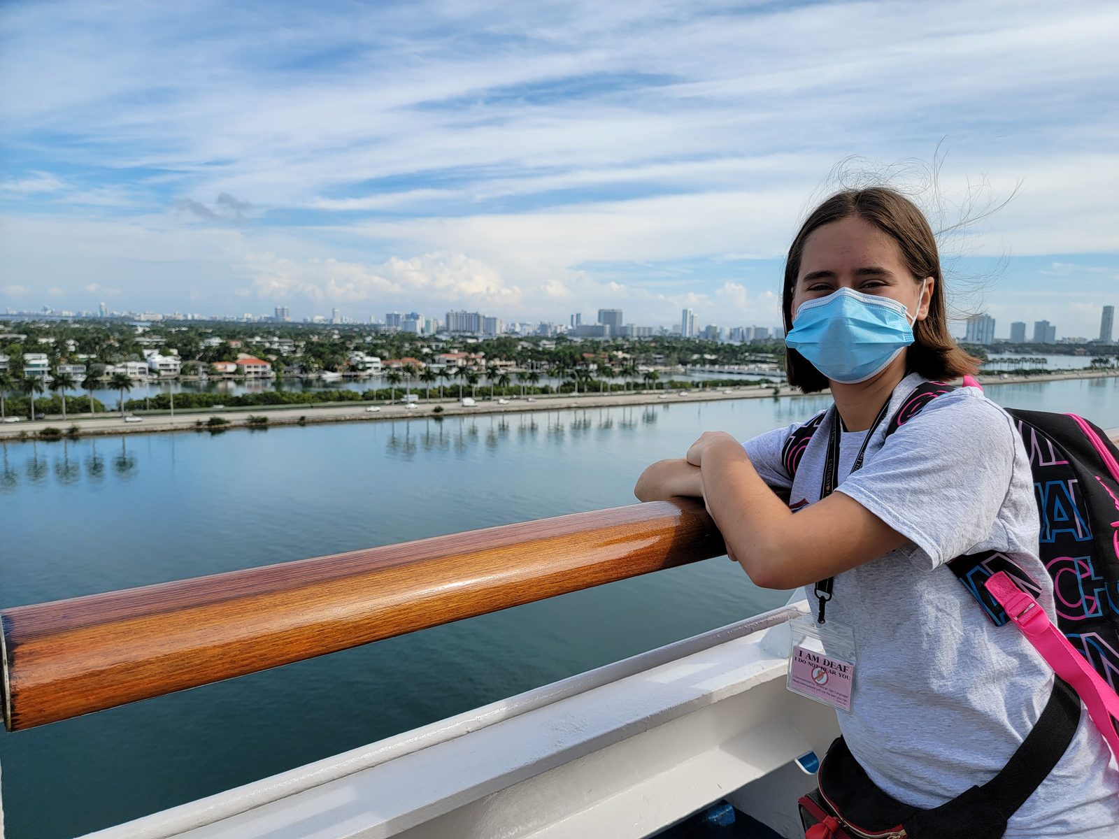 Lisa masked up on deck as we leave Miami