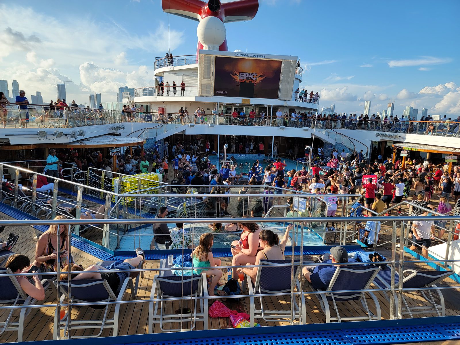 The sail-away deck party on the Conquest