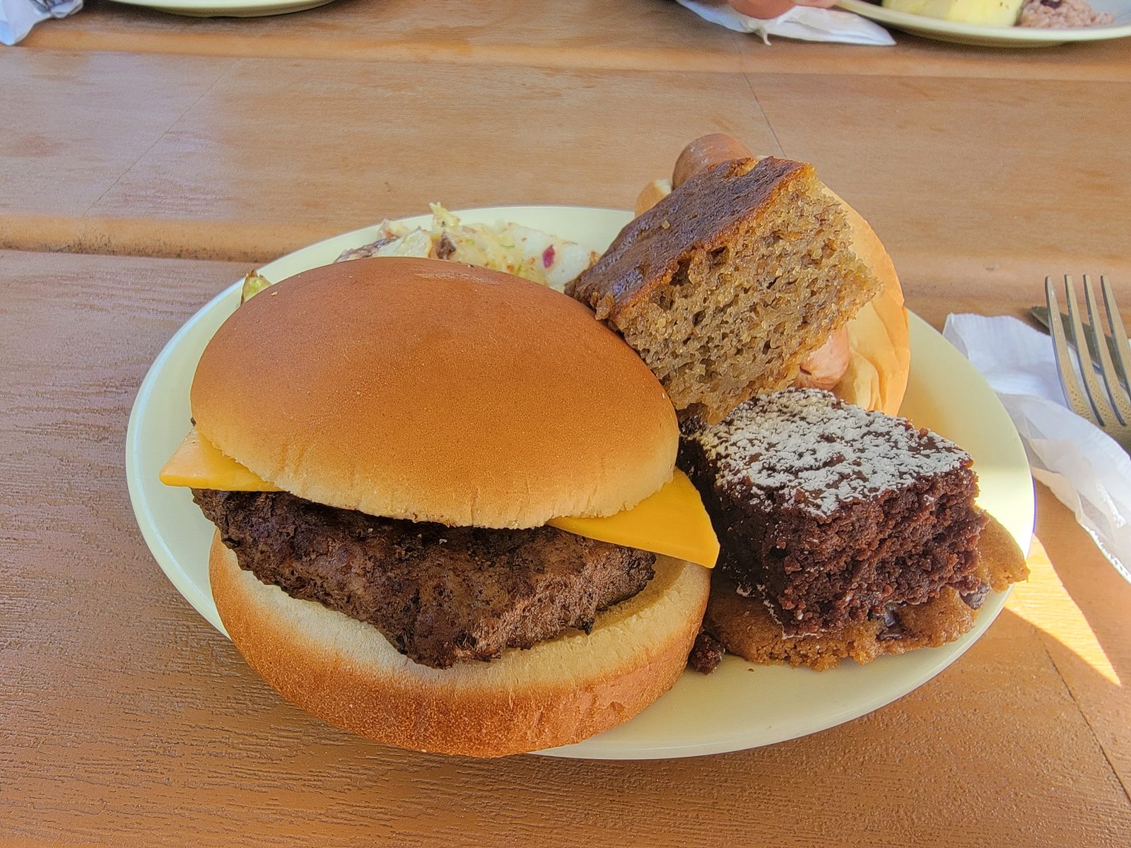Burger and cornbread from the island barbecue
