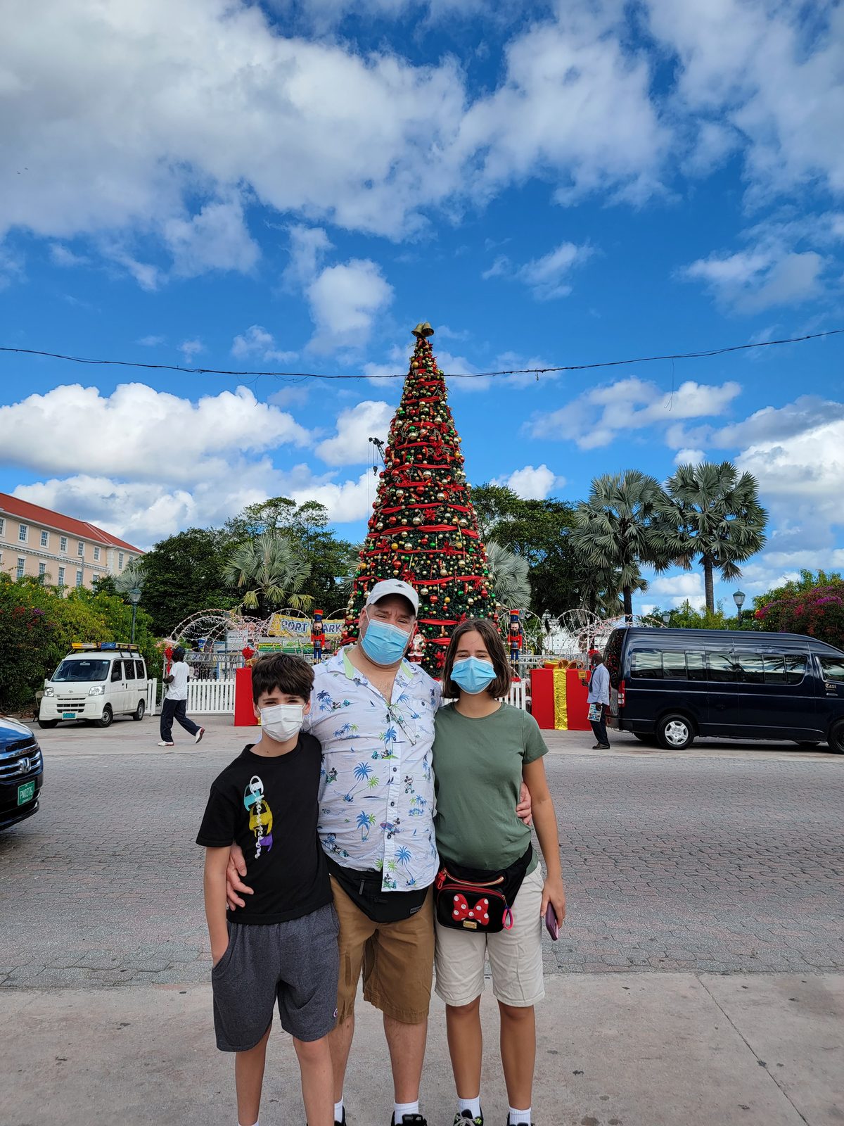 By the Christmas tree in downtown Nassau