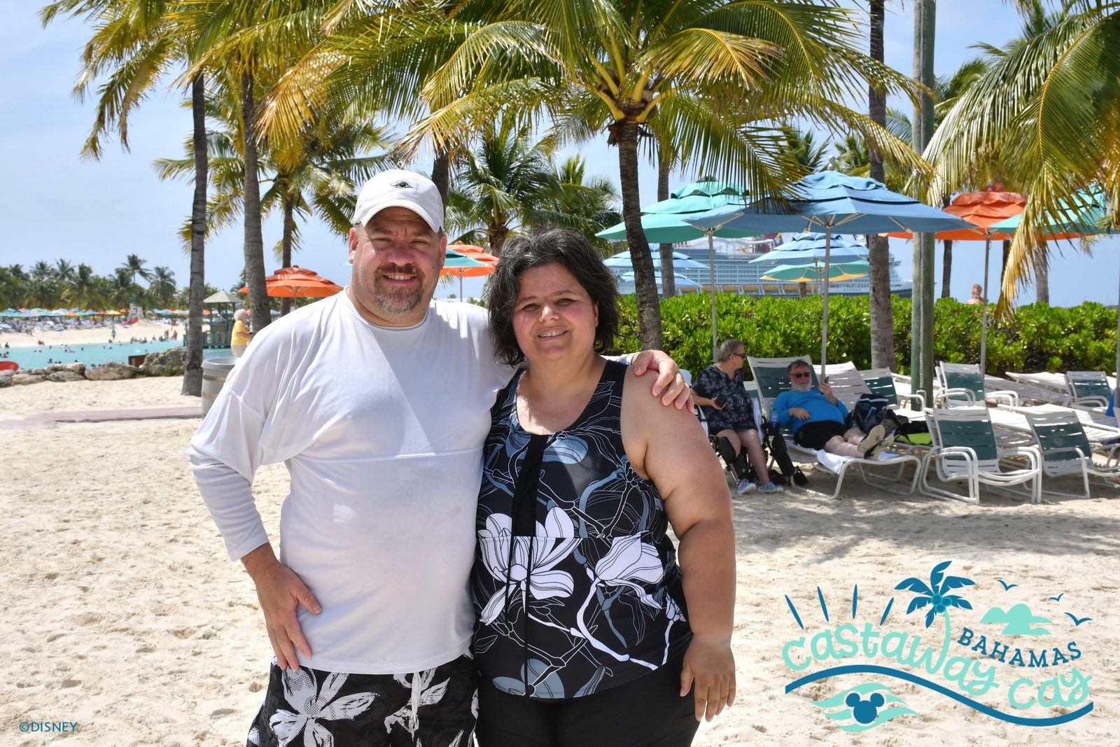 Kathy and me on the beach at Castaway Cay