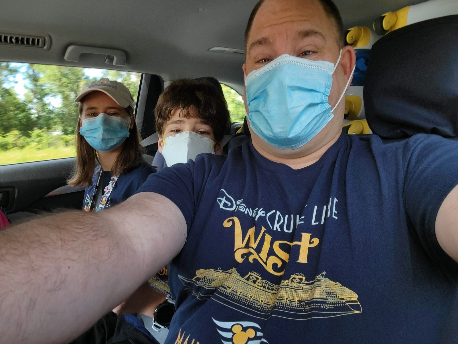 Masked selfie with Lisa on the drive to Port Canaveral