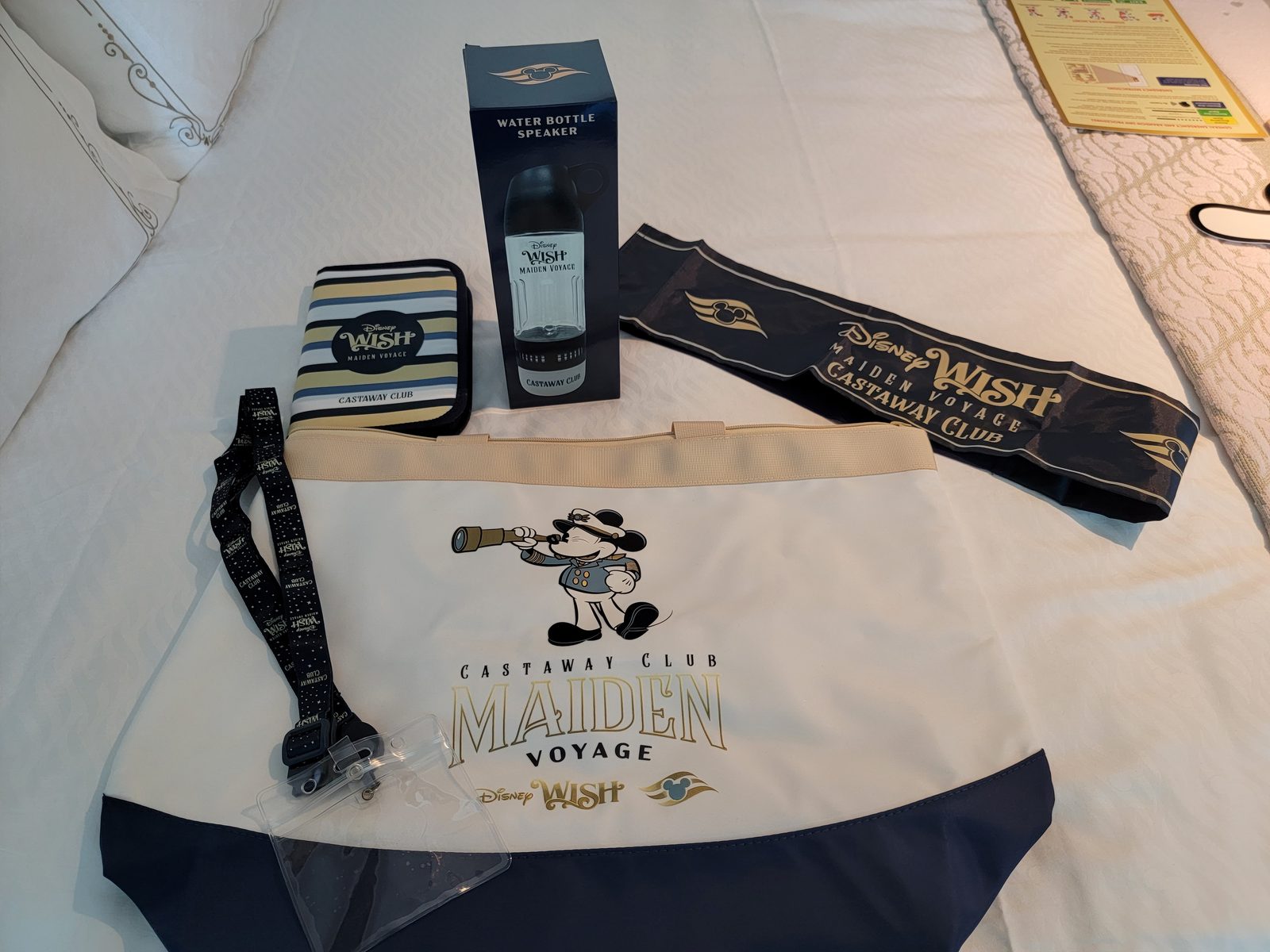 Maiden voyage swag on the bed in our stateroom