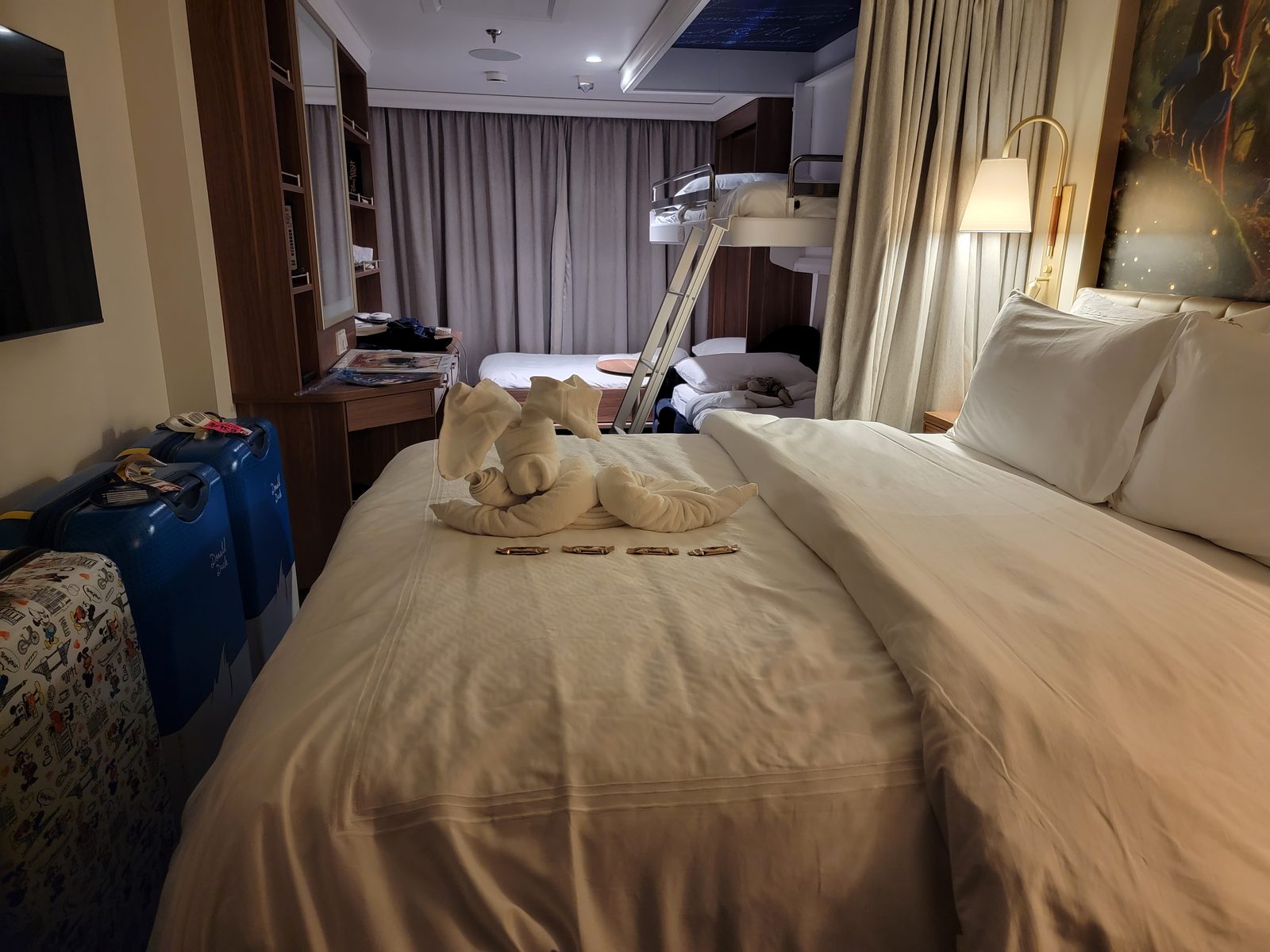 A towel animal on the bed in our stateroom