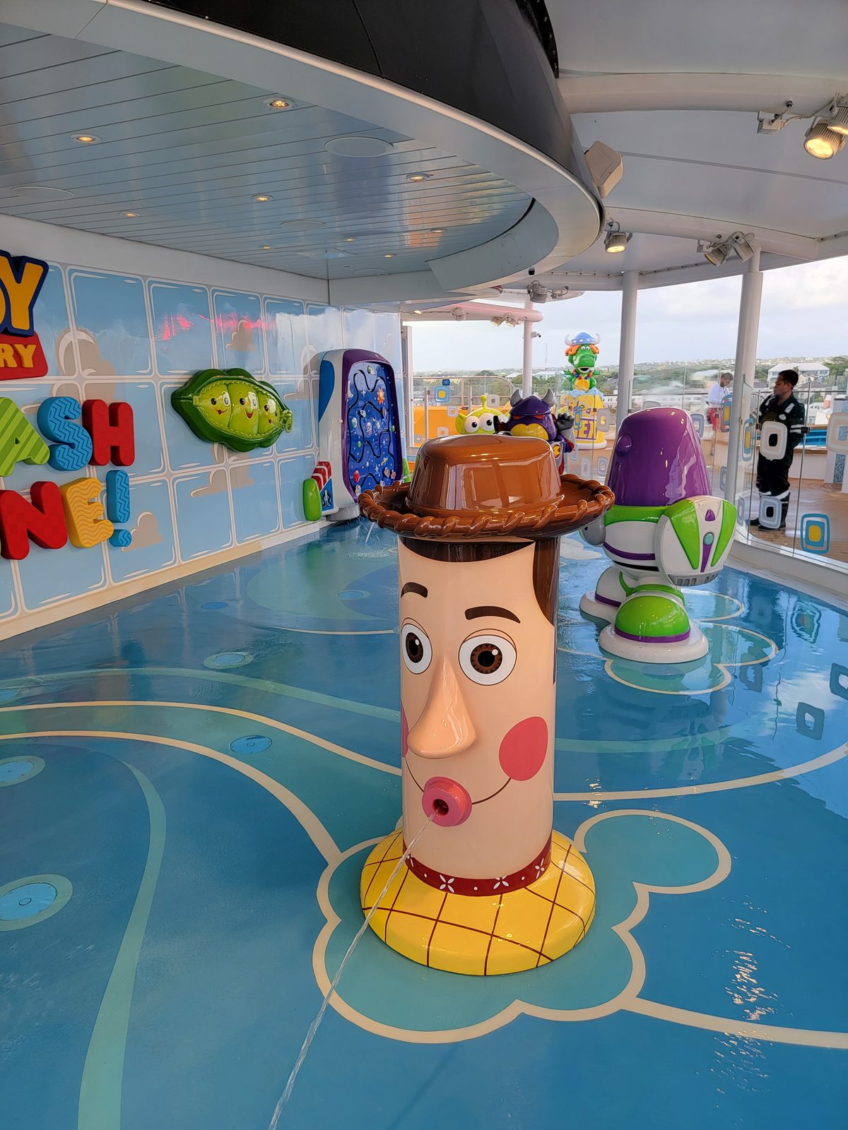 The giant Woody fountain in the Toy Story Splash Zone