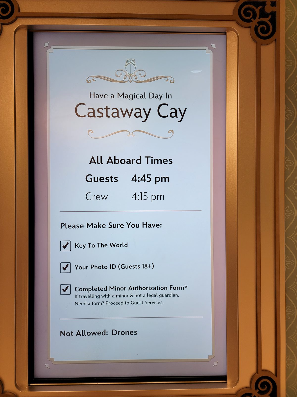 The welcome board for Castaway Cay