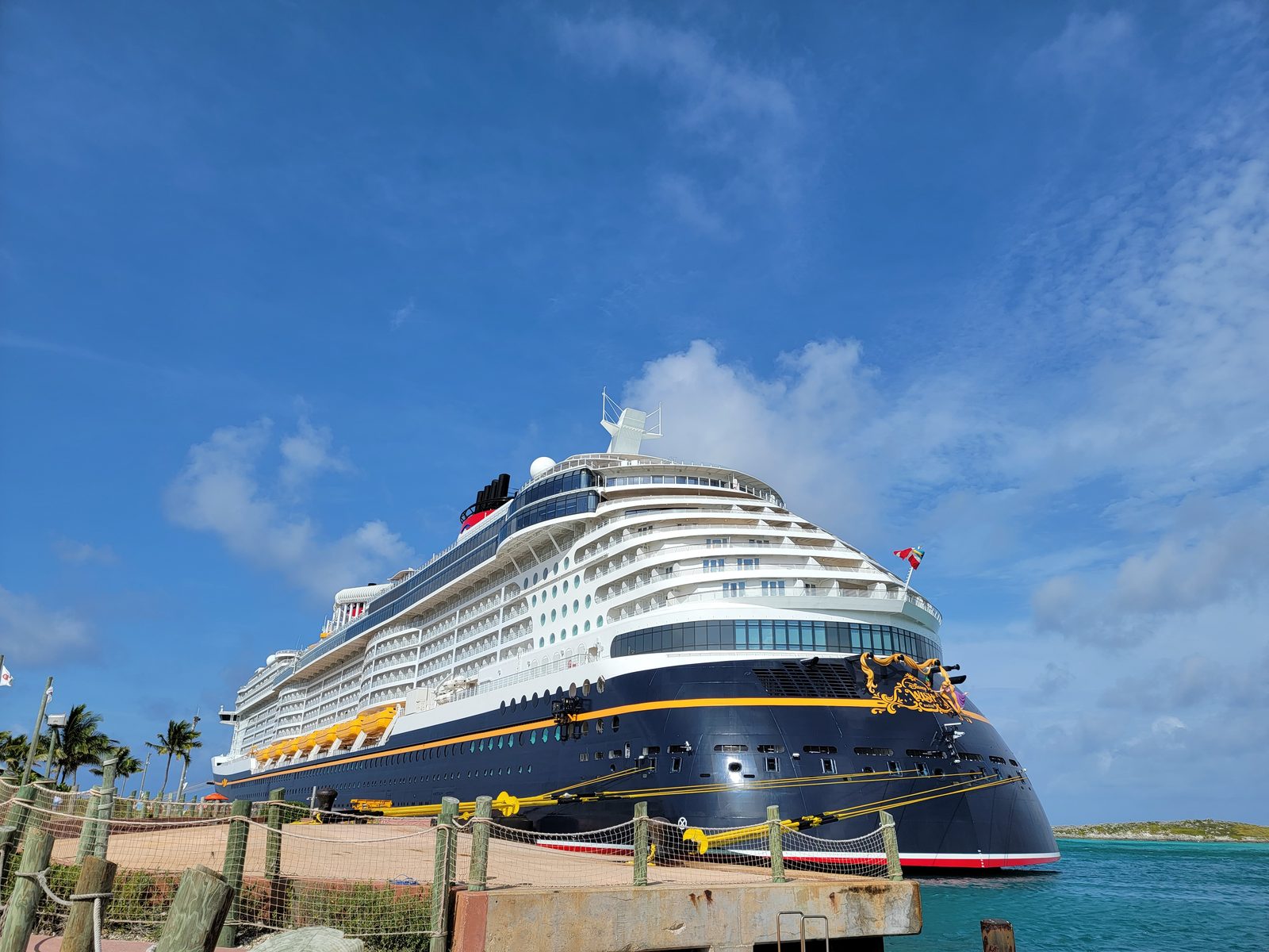 The Disney Wish at the pier at Castaway Cay