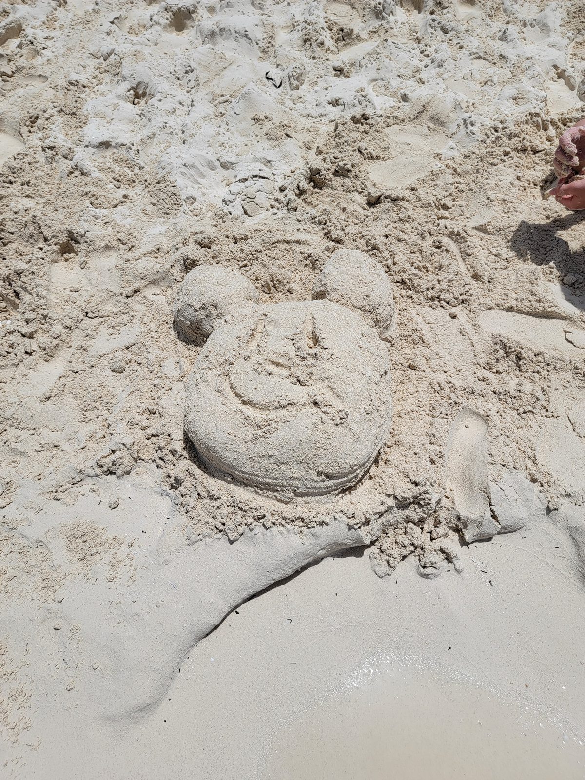 Lisa's Mickey-shaped sandcastle in the sand