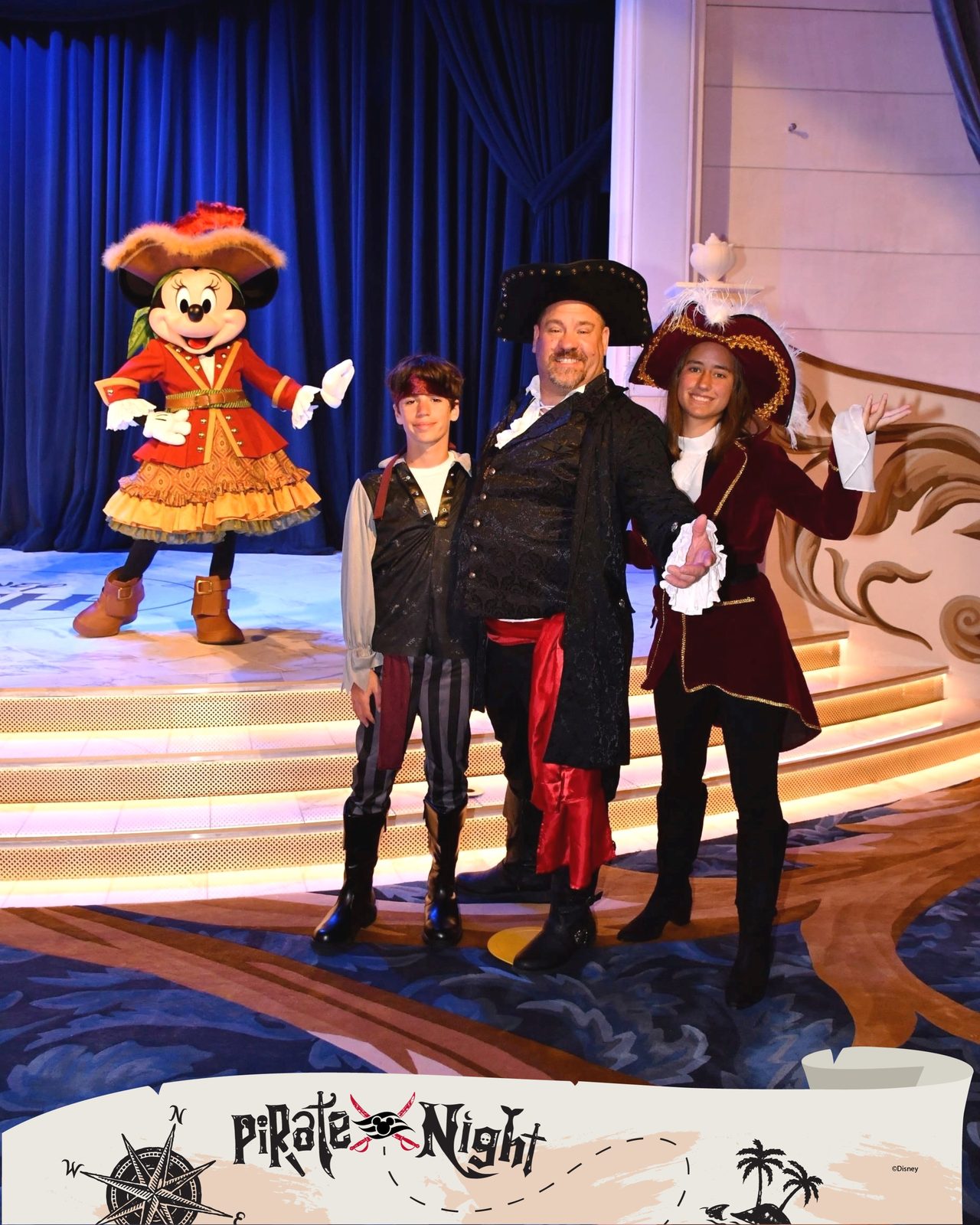 Minnie in pirate garb, Thomas, Michael & Lisa at Pirate Night