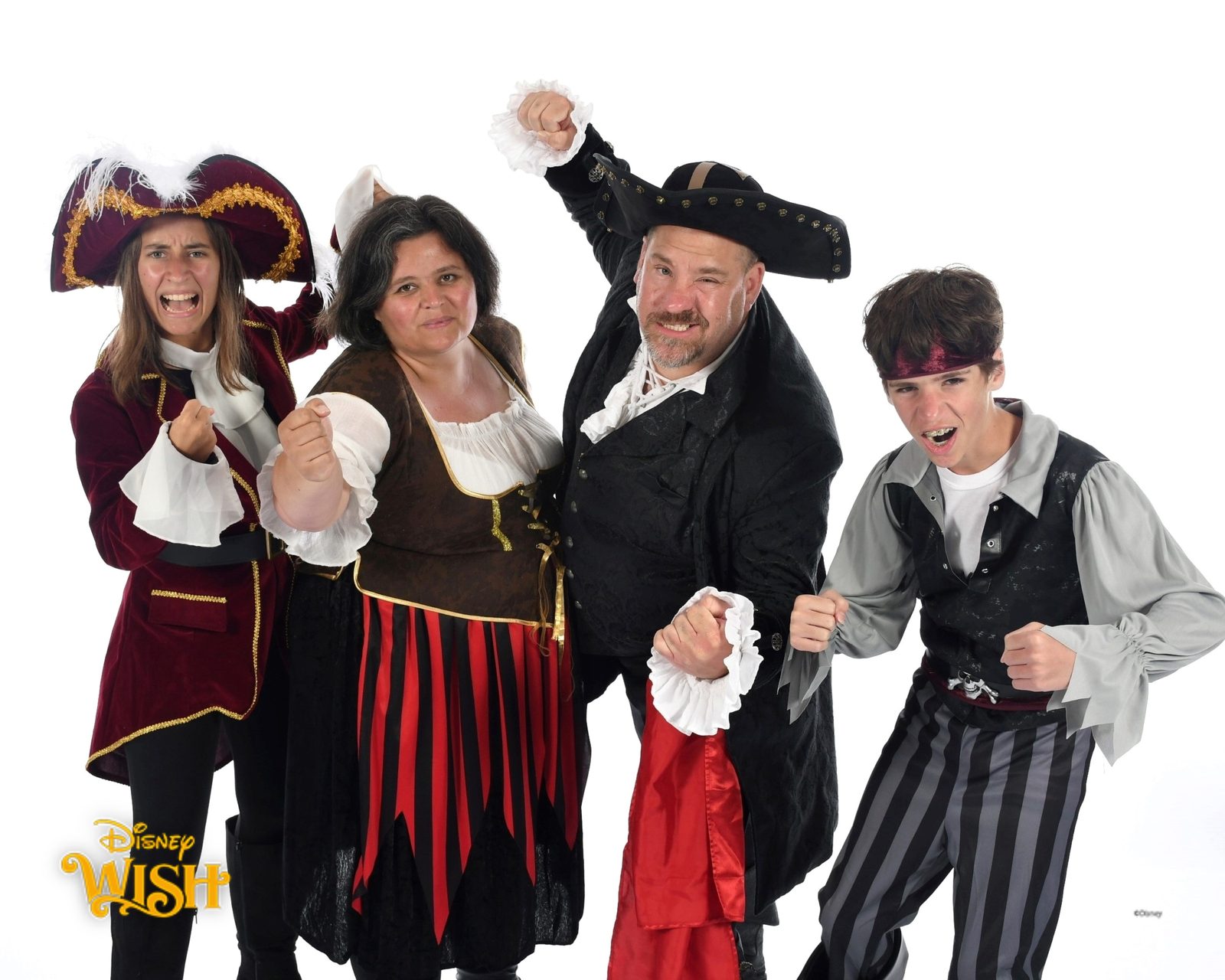 The four of us as pirates, fists up, on the Wish