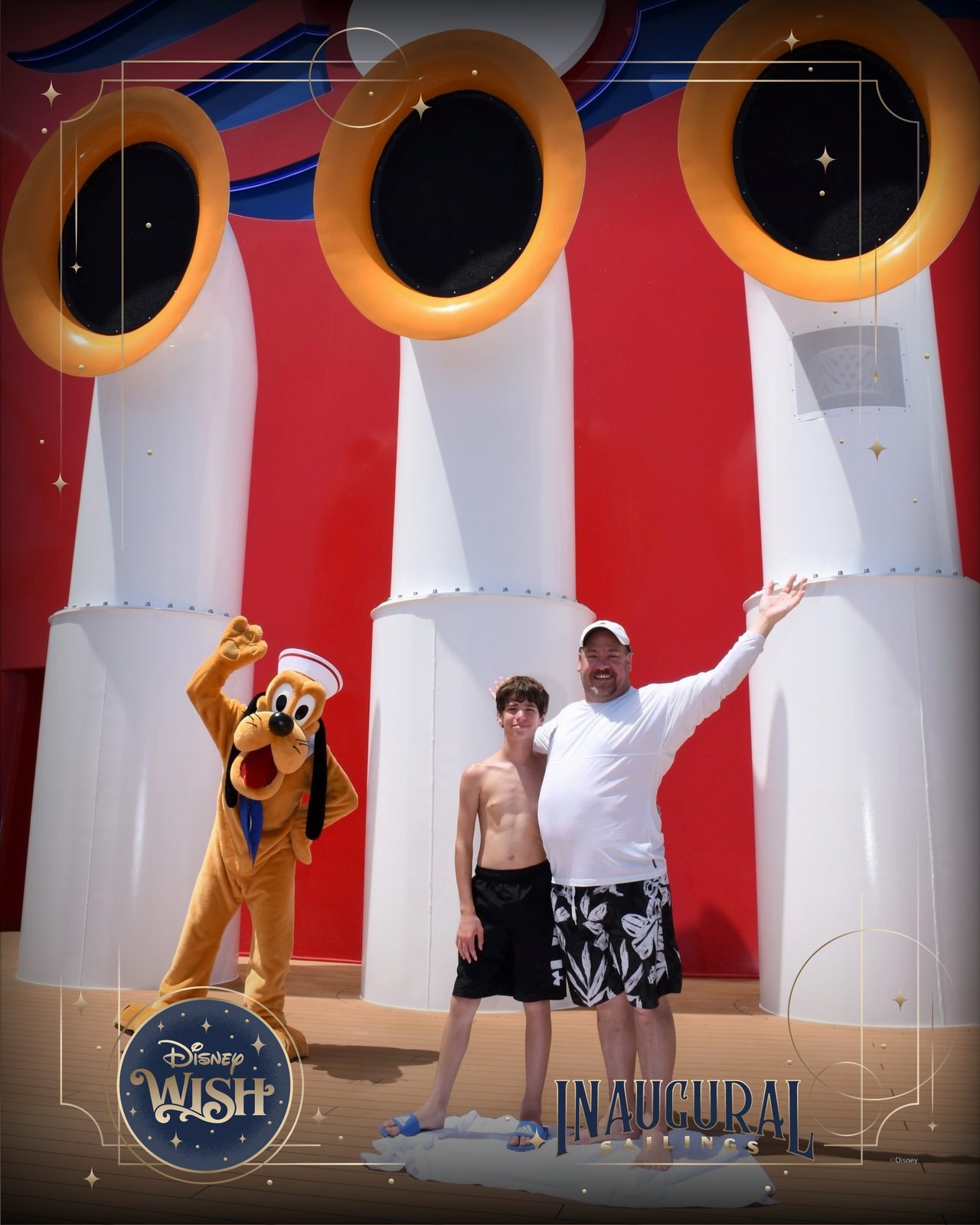 Pluto in his sailor outfit, Thomas & Michael by the funnels