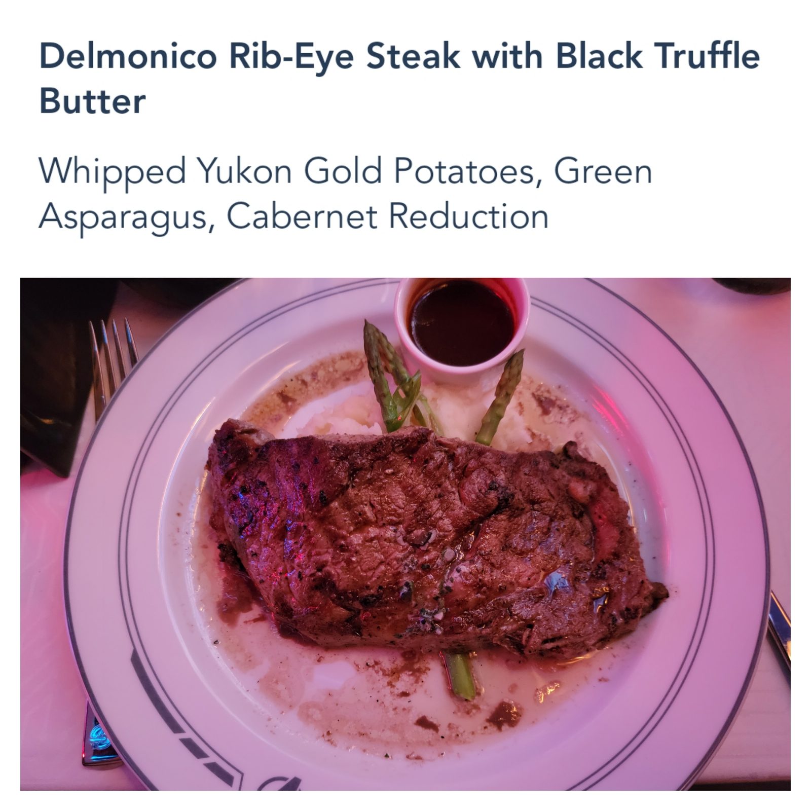Delmonico rib-eye at dinner in Worlds of Marvel
