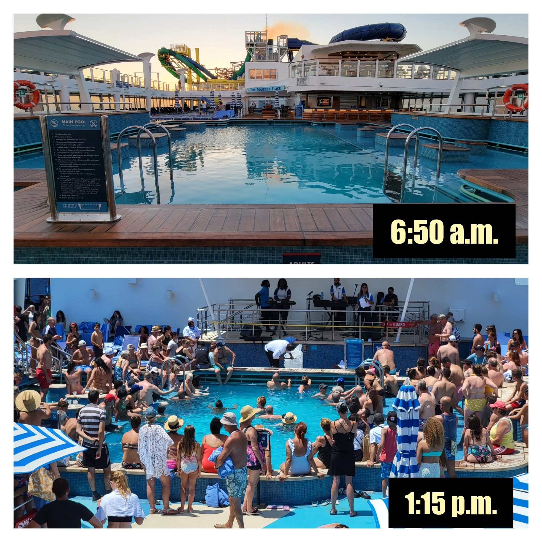 The pool deck on the sea day, morning and afternoon