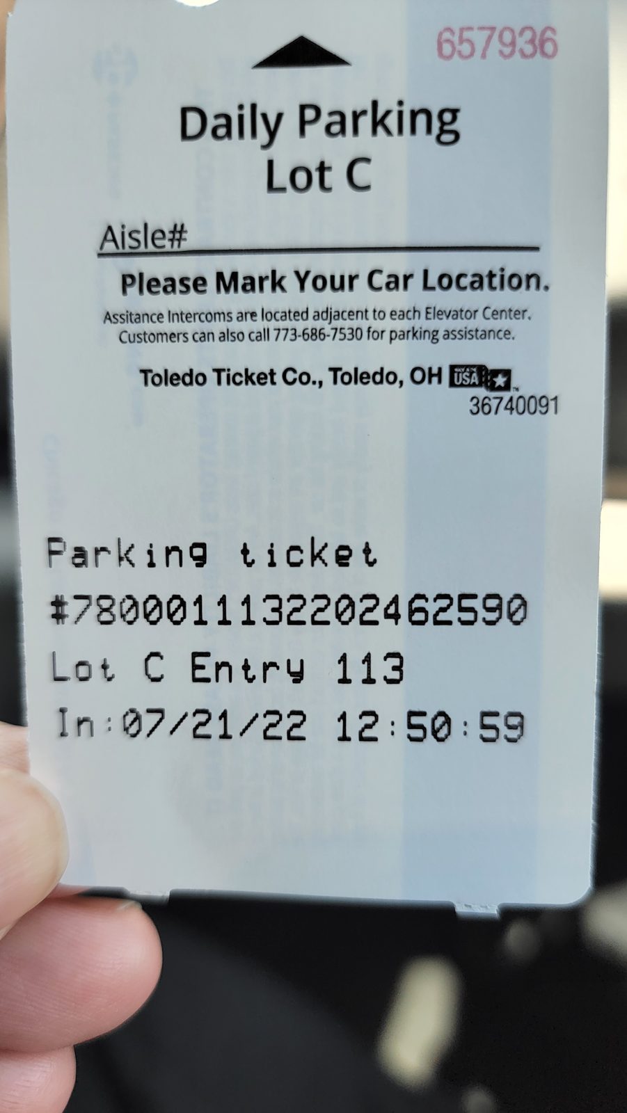Our parking ticket for O'Hare's Lot C
