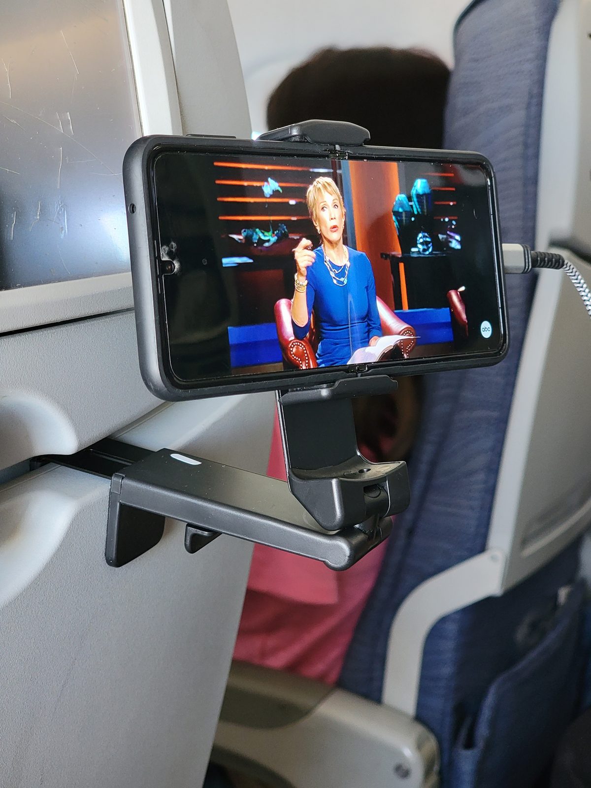 Kathy's tray table mount on the flight to Montreal
