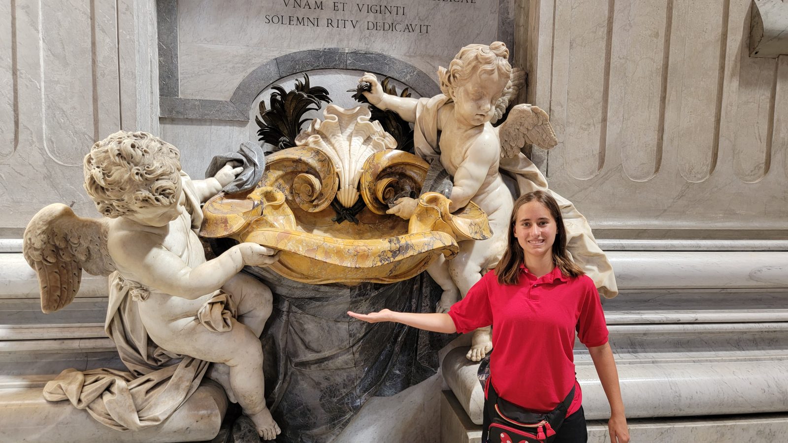 Lisa by the holy water font in St. Peter's