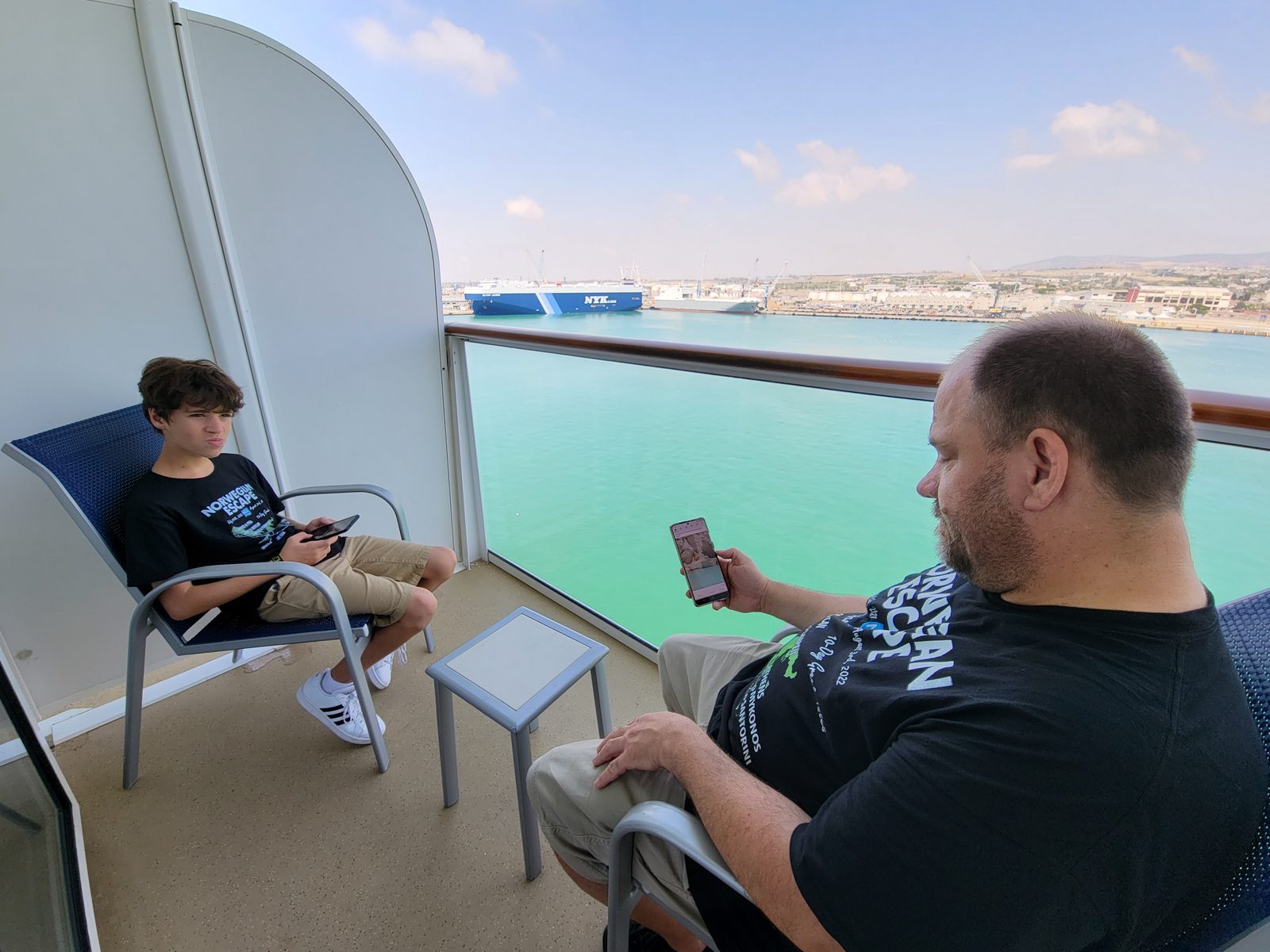 Relaxing on the verandah with the port beyond