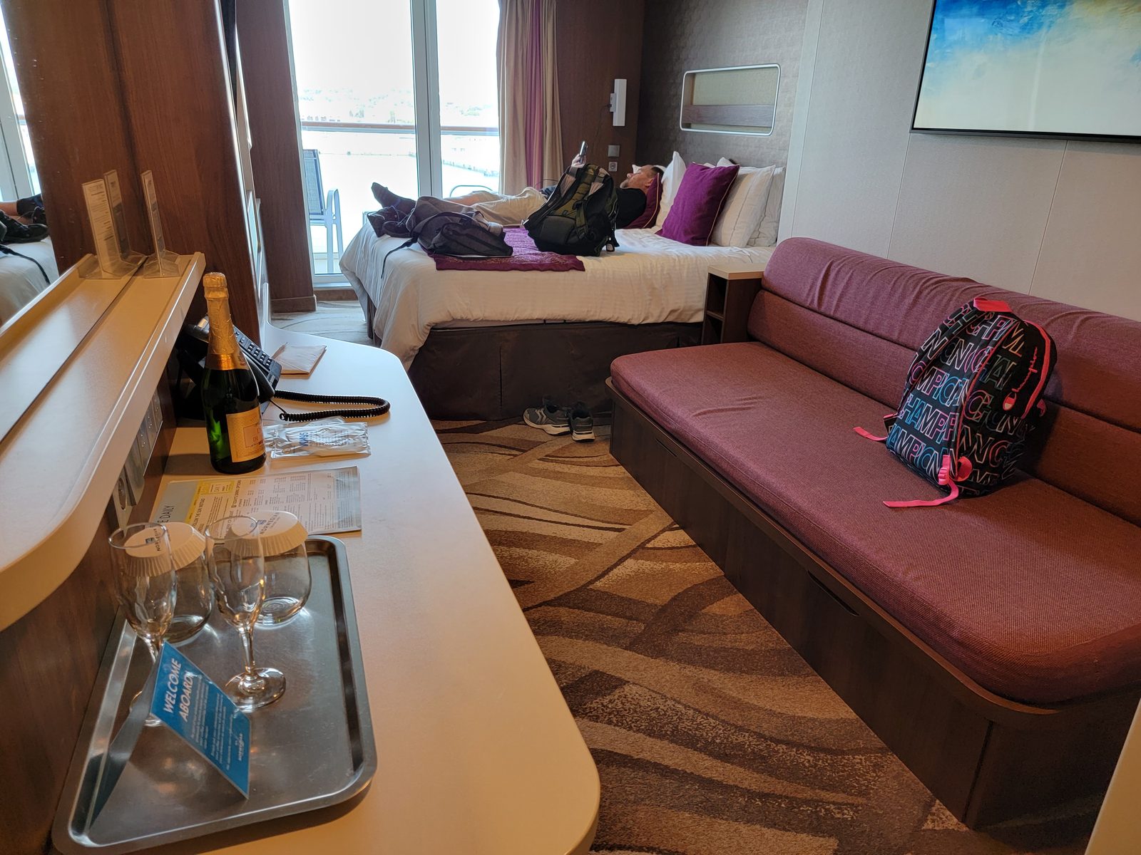 The sofa and beds in our room on the Escape