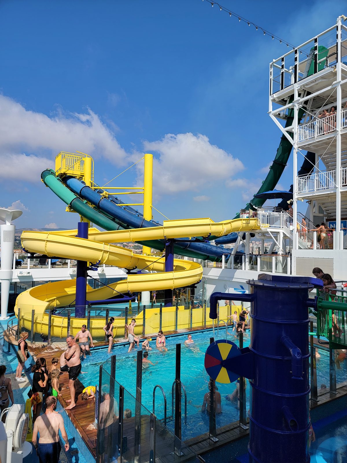 The waterslides above the pool deck on the Escape
