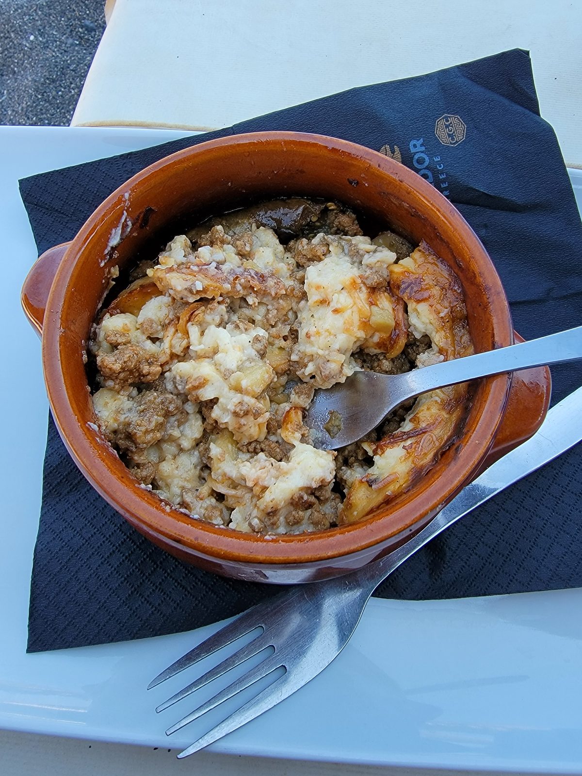 Moussaka at lunch on Perivolos Beach