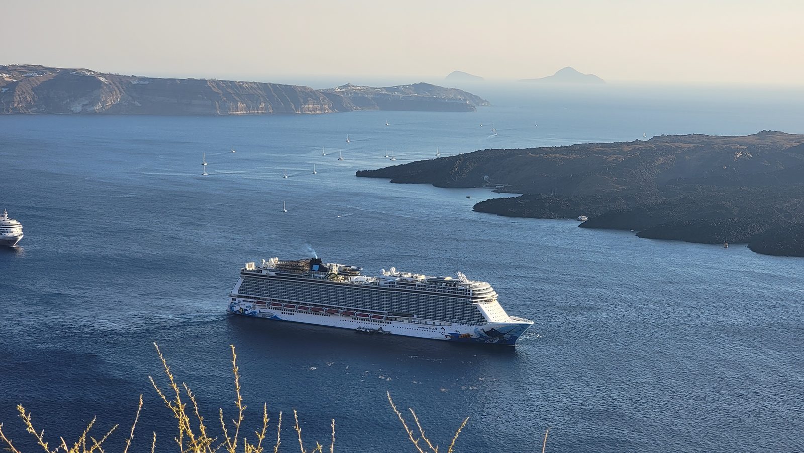 The Escape anchored in the Santorini caldera
