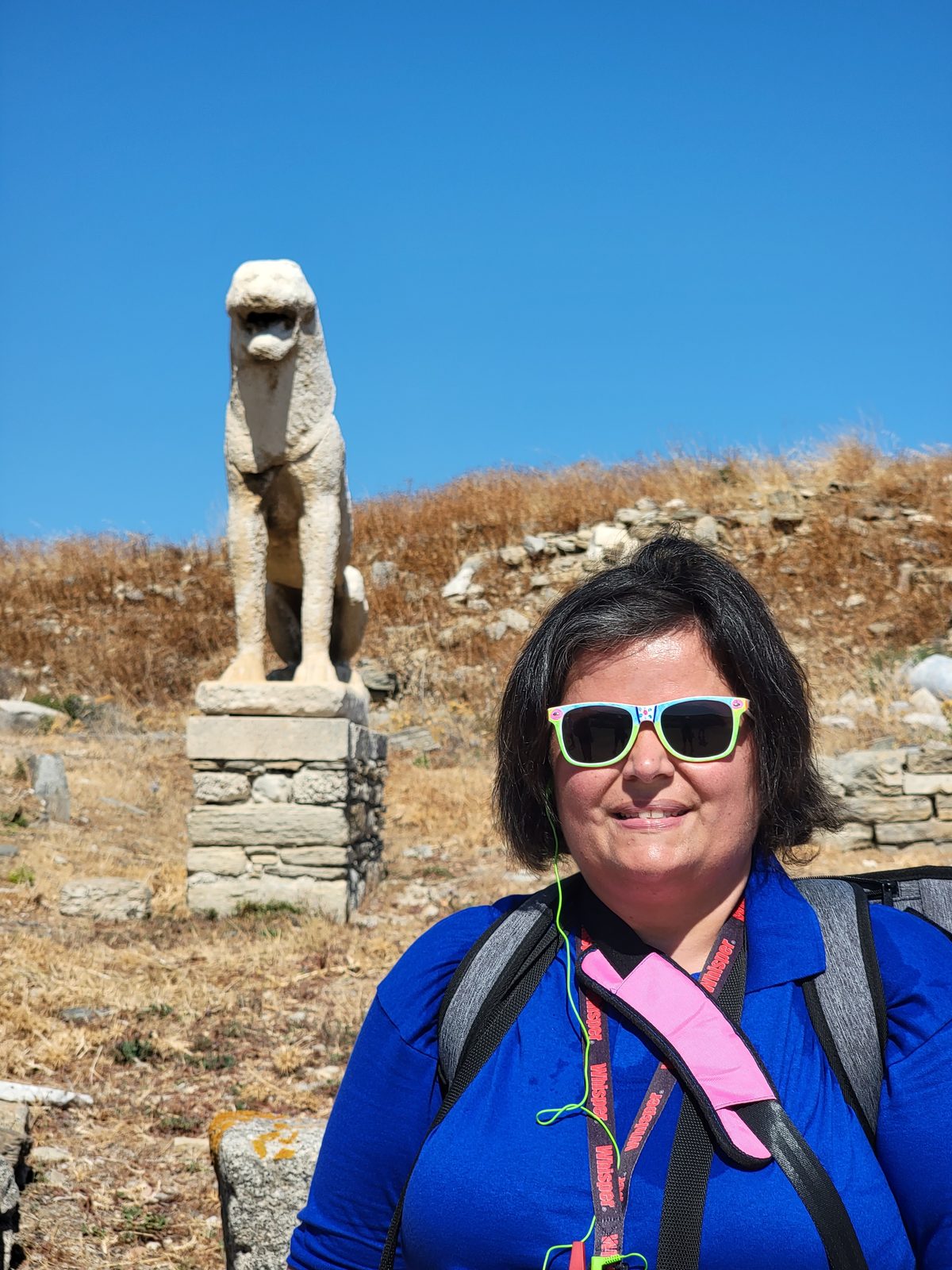 Kathy beside one of the lions on Delos